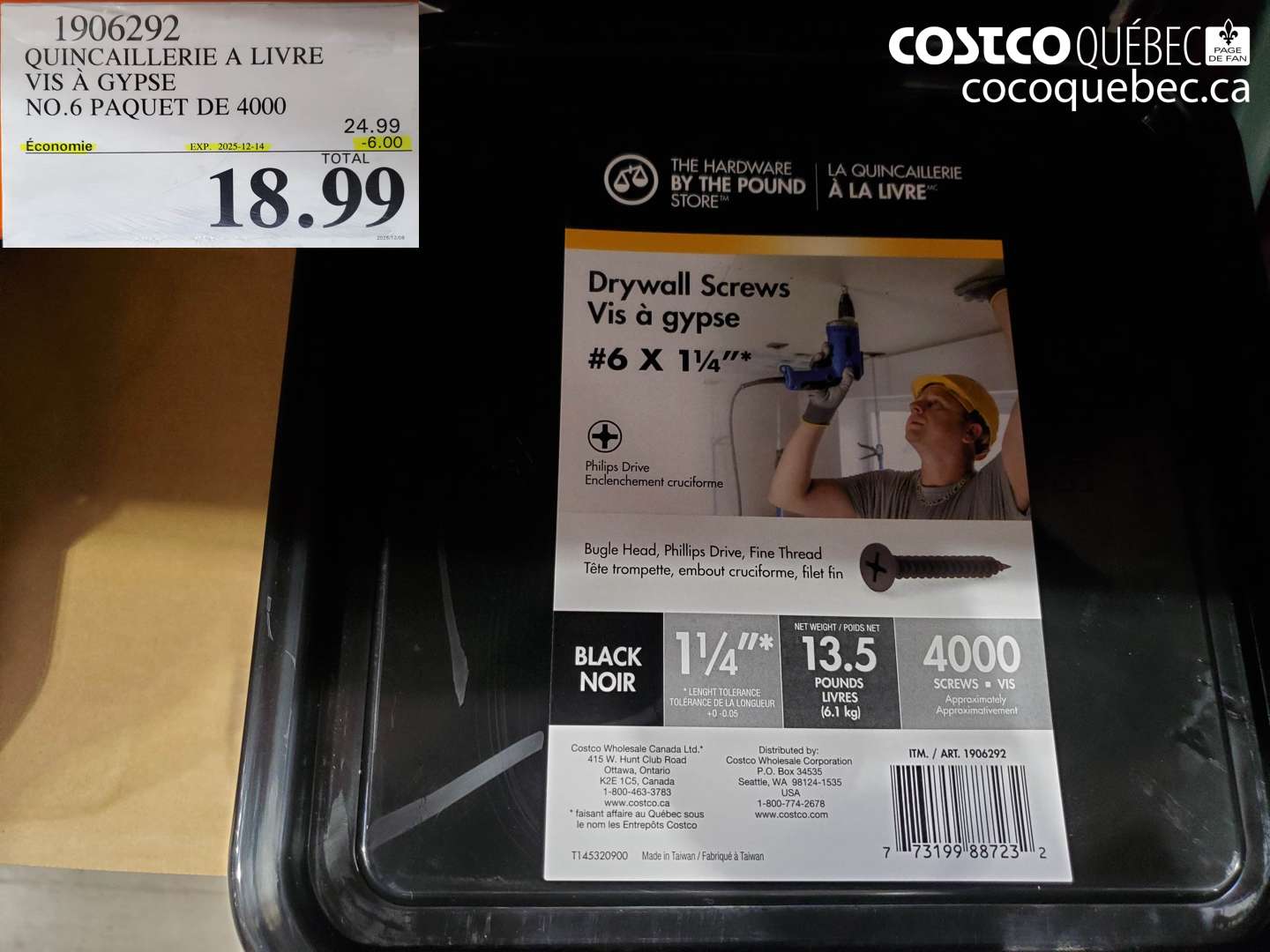 1906292 QUINCAILLERIE A LIVRE VIS A GYPS E NO.6 PAQUET DE 4000 (EXPIRES ON 2025-12-14) $18.99