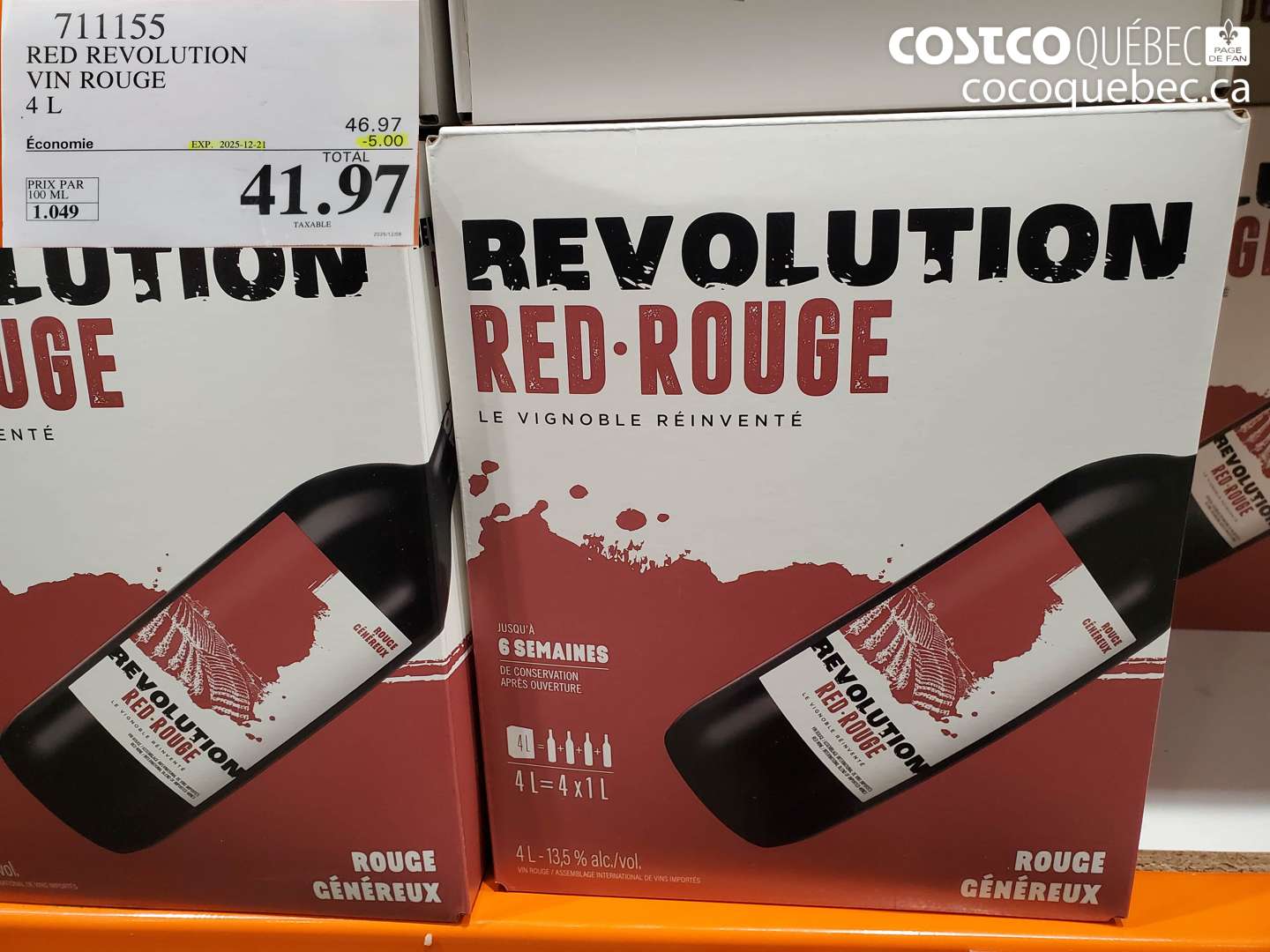 711155 RED REVOLUTION VIN ROUGE 4 L (EXPIRES ON 2025-12-21) $41.97