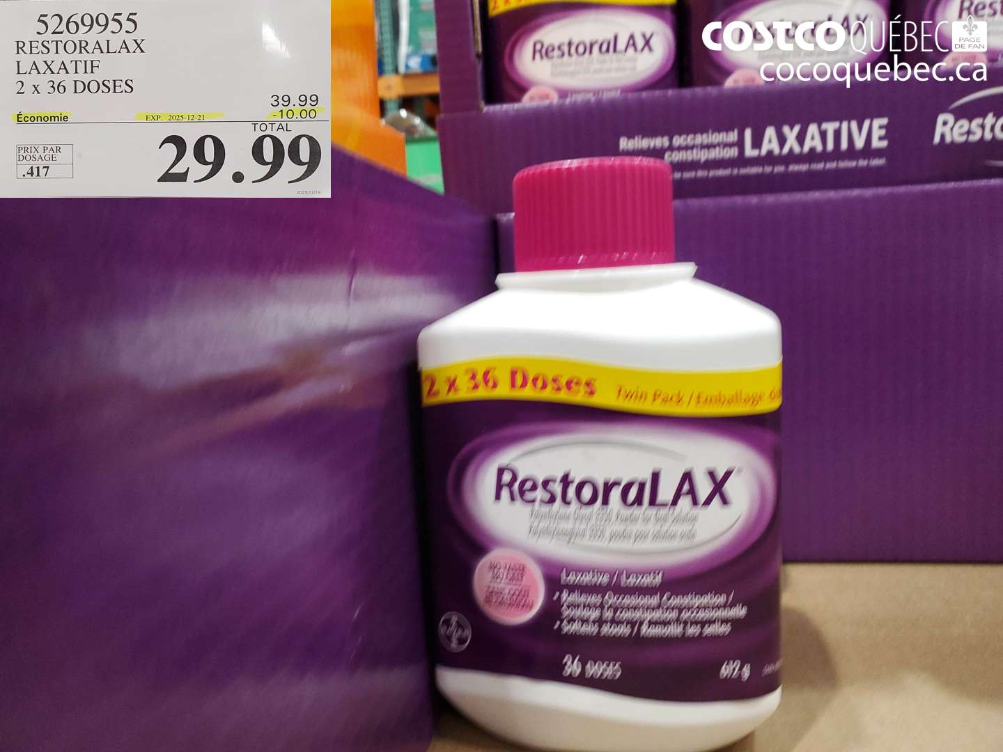 5269955 RESTORALAX LAXATIF 2 x 36 DOSES ($10.00 INSTANT SAVINGS EXPIRES ON 2025-12-21) $29.99