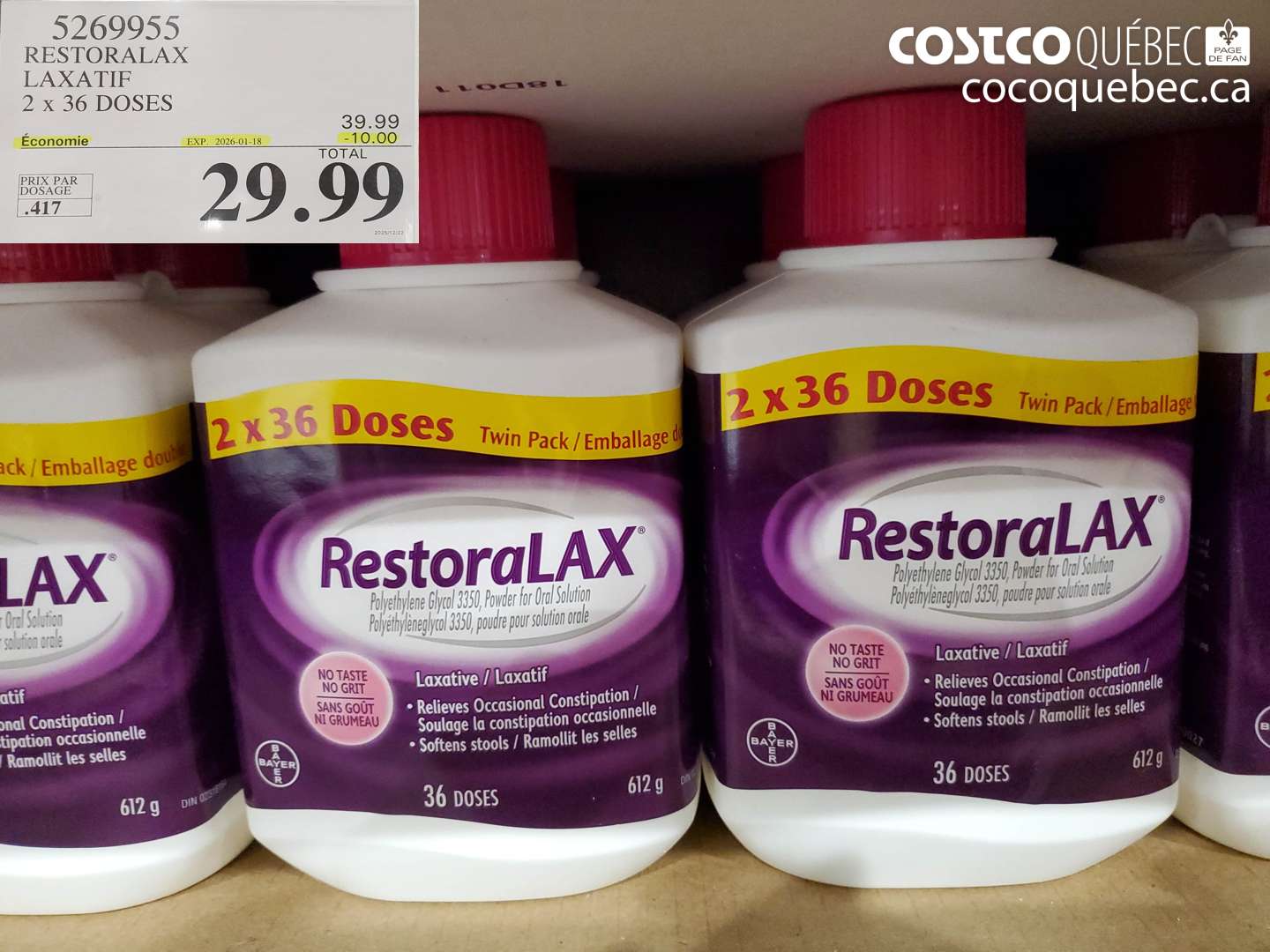 5269955 RESTORALAX LAXATIF 2 x 36 DOSES ($10.00 INSTANT SAVINGS EXPIRES ON 2026-01-18) $29.99