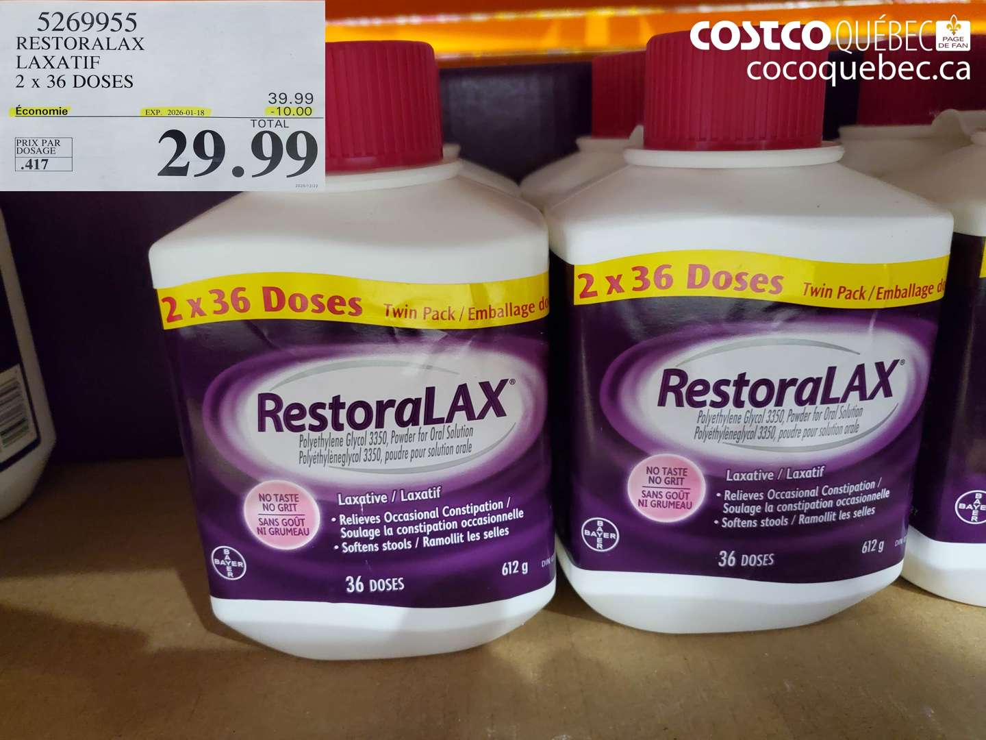 5269955 RESTORALAX LAXATIF 2 x 36 DOSES ($10.00 INSTANT SAVINGS EXPIRES ON 2026-01-18) $29.99
