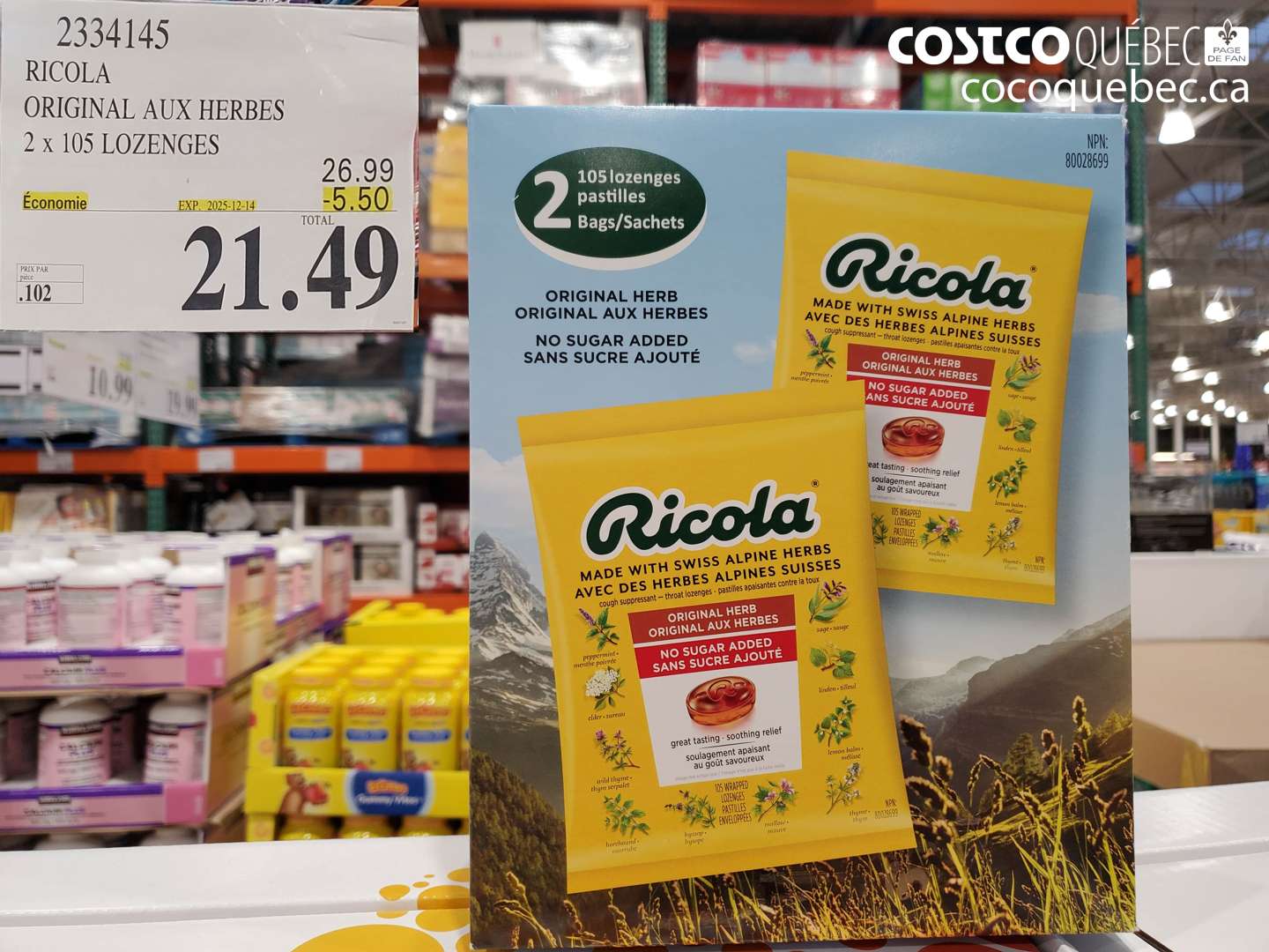 2334145 RICOLA ORIGINAL AUX HERBES 2 x 105 LOZENGES ($5.50 INSTANT SAVINGS EXPIRES ON 2025-12-14) $21.49