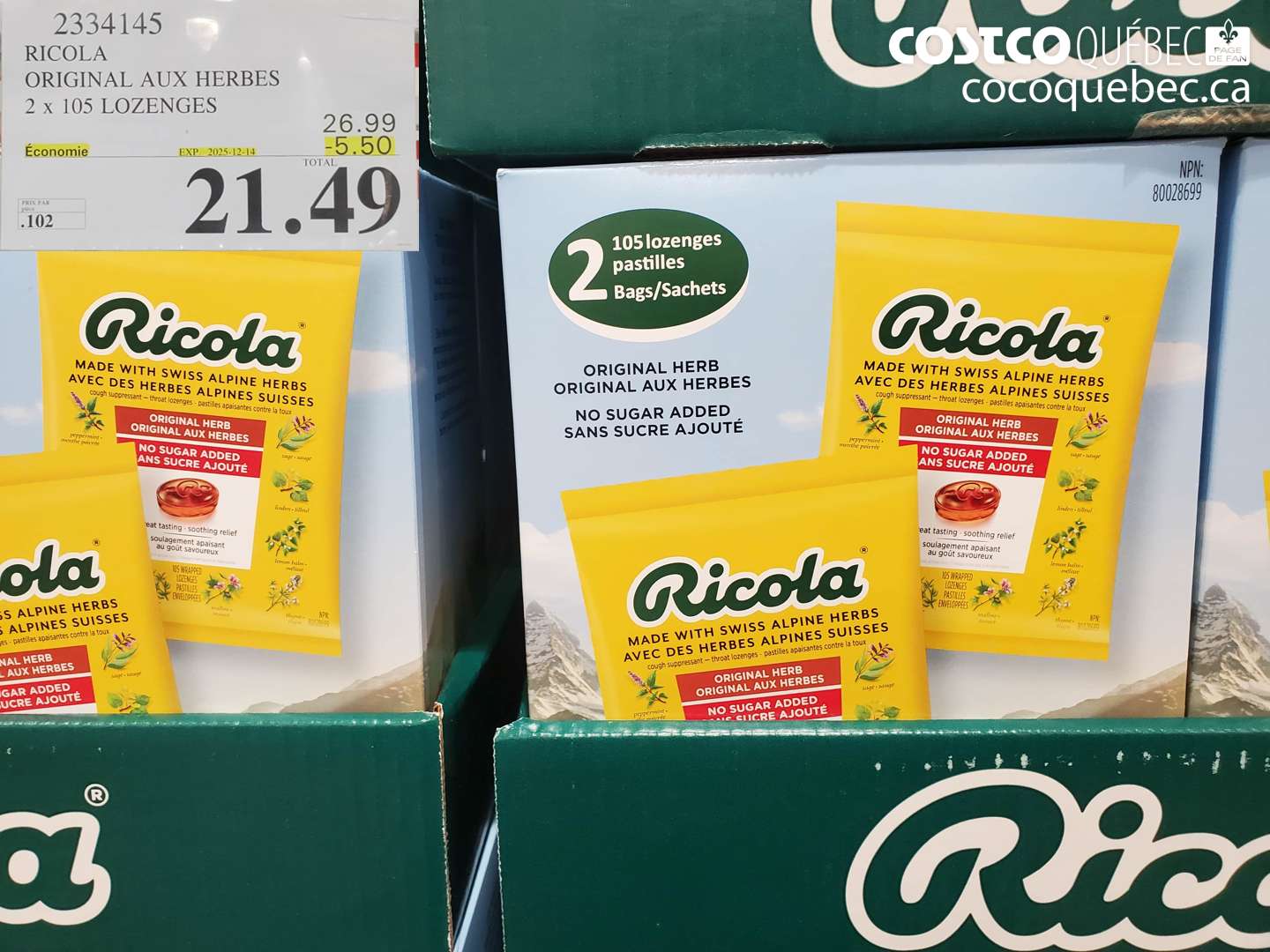 2334145 RICOLA ORIGINAL AUX HERBES 2 x 105 lozenges  ($5.50 INSTANT SAVINGS EXPIRES ON 2025-12-14) $21.49