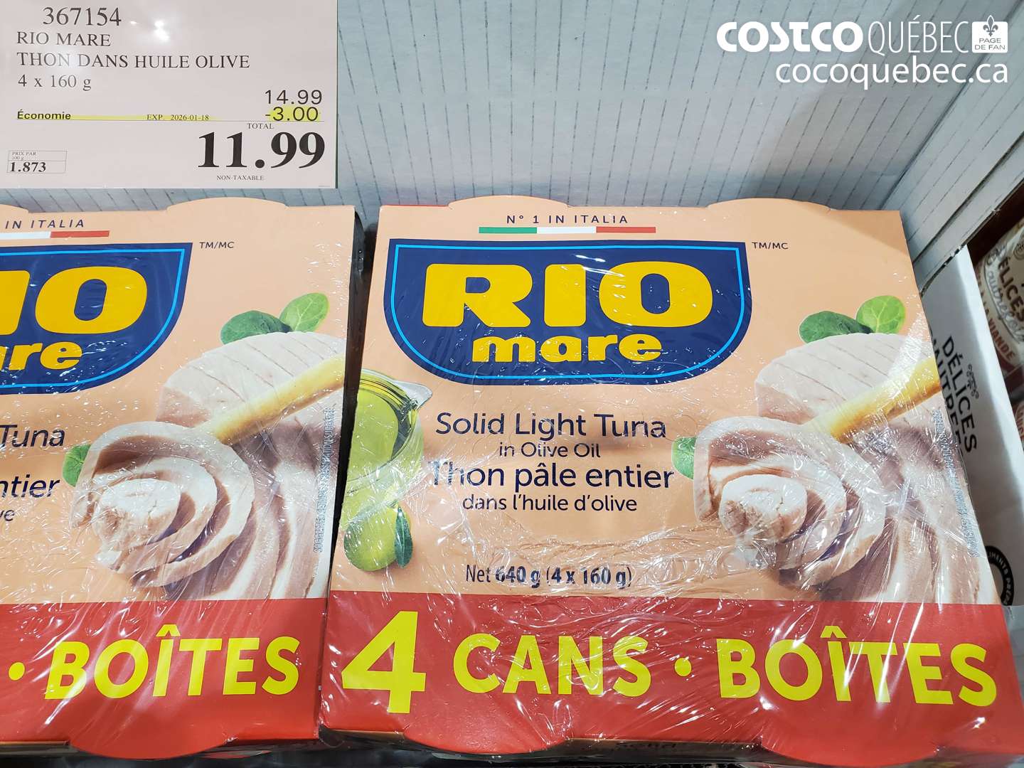 367154 RIO MARE THON DANS HUILE OLIVE 4 x 160 g ($3.00 INSTANT SAVINGS EXPIRES ON 2026-01-18) $11.99