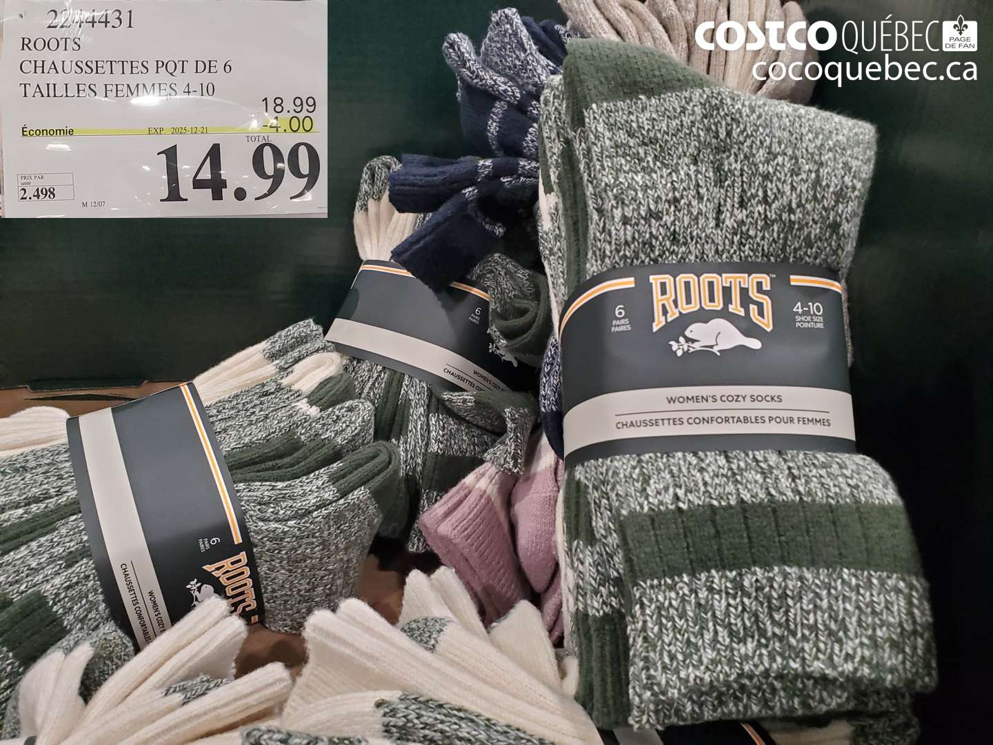 2244431 ROOTS CHAUSSETTES PQT DE 6 TAILLES FEMMES 4-10  ($4.00 INSTANT SAVINGS EXPIRES ON 2025-12-21) $14.99
