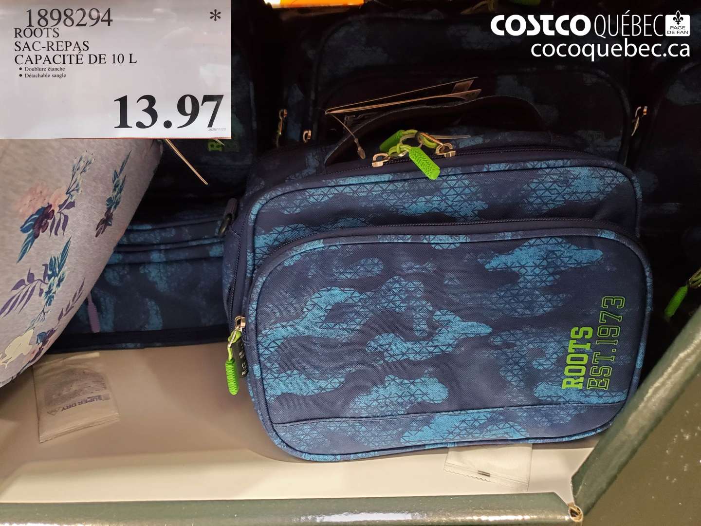 1898294 ROOTS SAC-REPAS CAPACITÉ DE 10 L • Doublure étanche • Détachable sangle $13.97