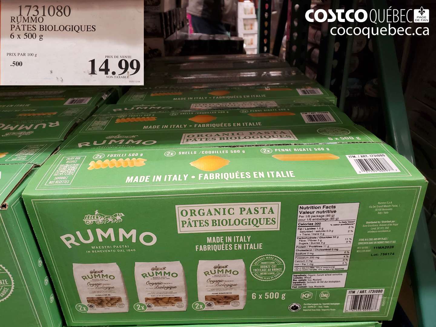 1731080 RUMMO PÂTES BIOLOGIQUES 6 x 500 g $14.99