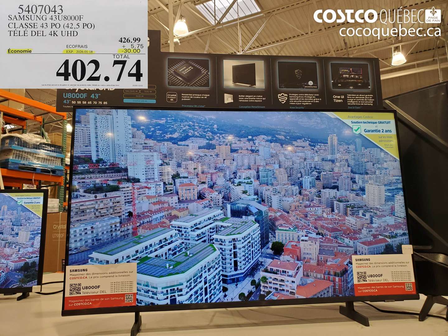 5407043 SAMSUNG 43U8000F CLASSE 43 PO (42,5 PO) TÉLÉ DEL 4K UHD ($30.00 INSTANT SAVINGS EXPIRES ON 2026-01-18) $402.74