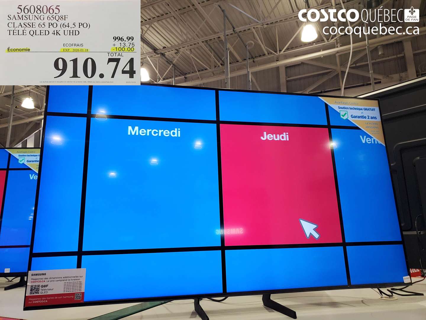 5608065 SAMSUNG 65Q8F CLASSE 65 PO (64,5 PO) TÉLÉ QLED 4K UHD ($100.00 INSTANT SAVINGS EXPIRES ON 2026-01-18) $910.74