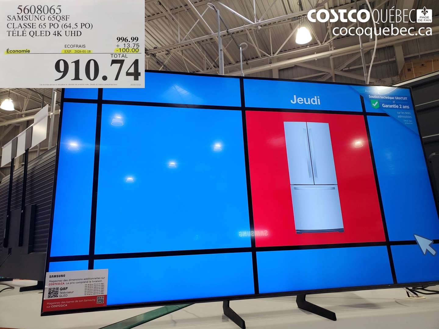 5608065 SAMSUNG 65Q8F CLASSE 65 PO (64,5 PO) TÉLÉ QLED 4K UHD ($100.00 INSTANT SAVINGS EXPIRES ON 2026-01-18) $910.74