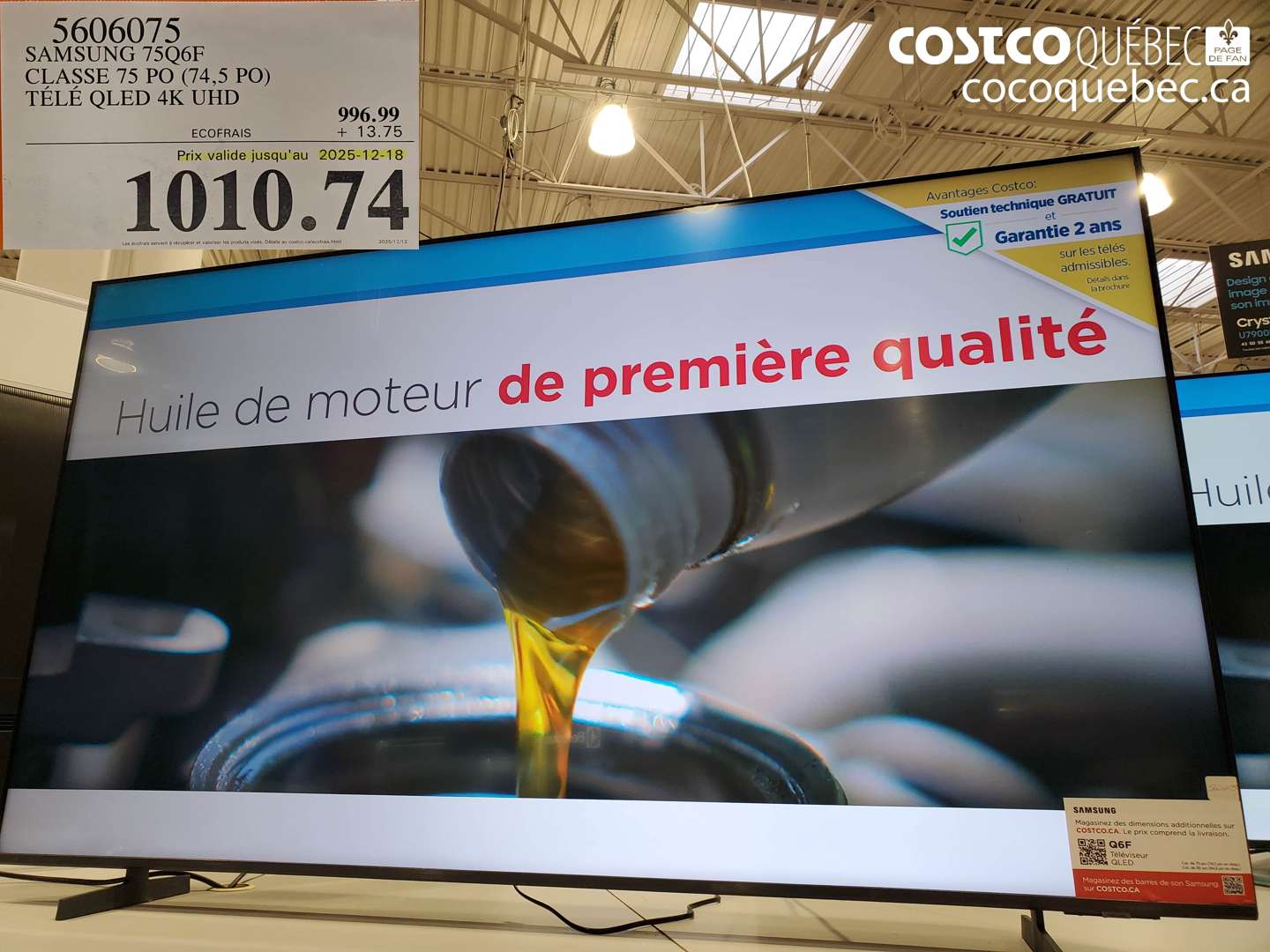 5606075 SAMSUNG 75Q6F CLASSE 75 PO (74,5 PO) TÉLÉ QLED 4K UHD (EXPIRES ON 2025-12-18) $1010.74