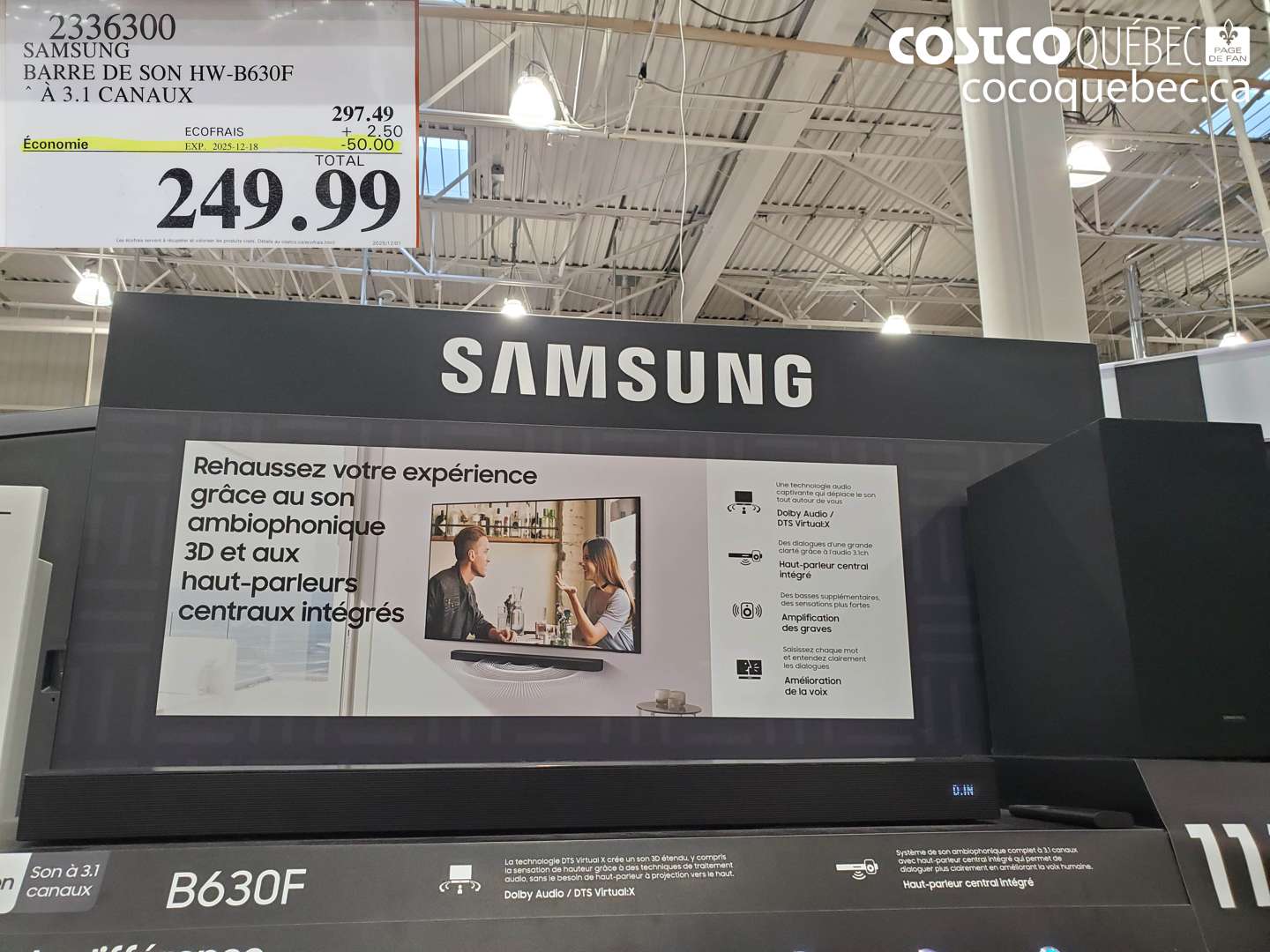 2336300 SAMSUNG BARRE DE SON HW-B630F A 3.1 CANAUX ($50.00 INSTANT SAVINGS EXPIRES ON 2025-12-18) $249.99