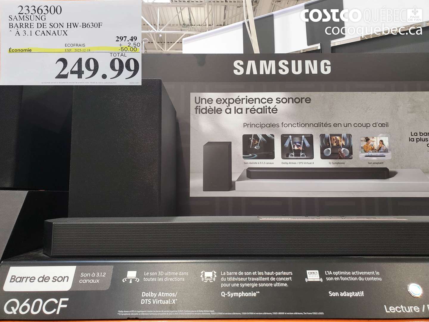 2336300 SAMSUNG BARRE DE SON HW-B630F A 3.1 CANAUX ($50.00 INSTANT SAVINGS EXPIRES ON 2025-12-18) $249.99