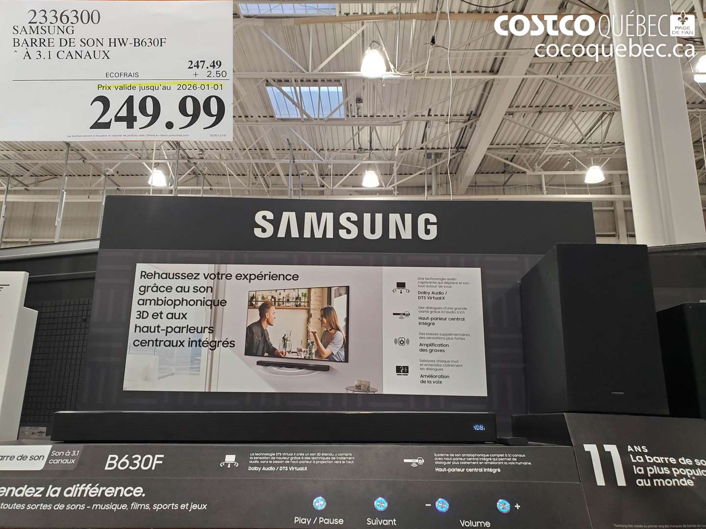 2336300 SAMSUNG BARRE DE SON HW-B630F À 3.1 CANAUX (EXPIRES ON 2026-01-01) $249.99