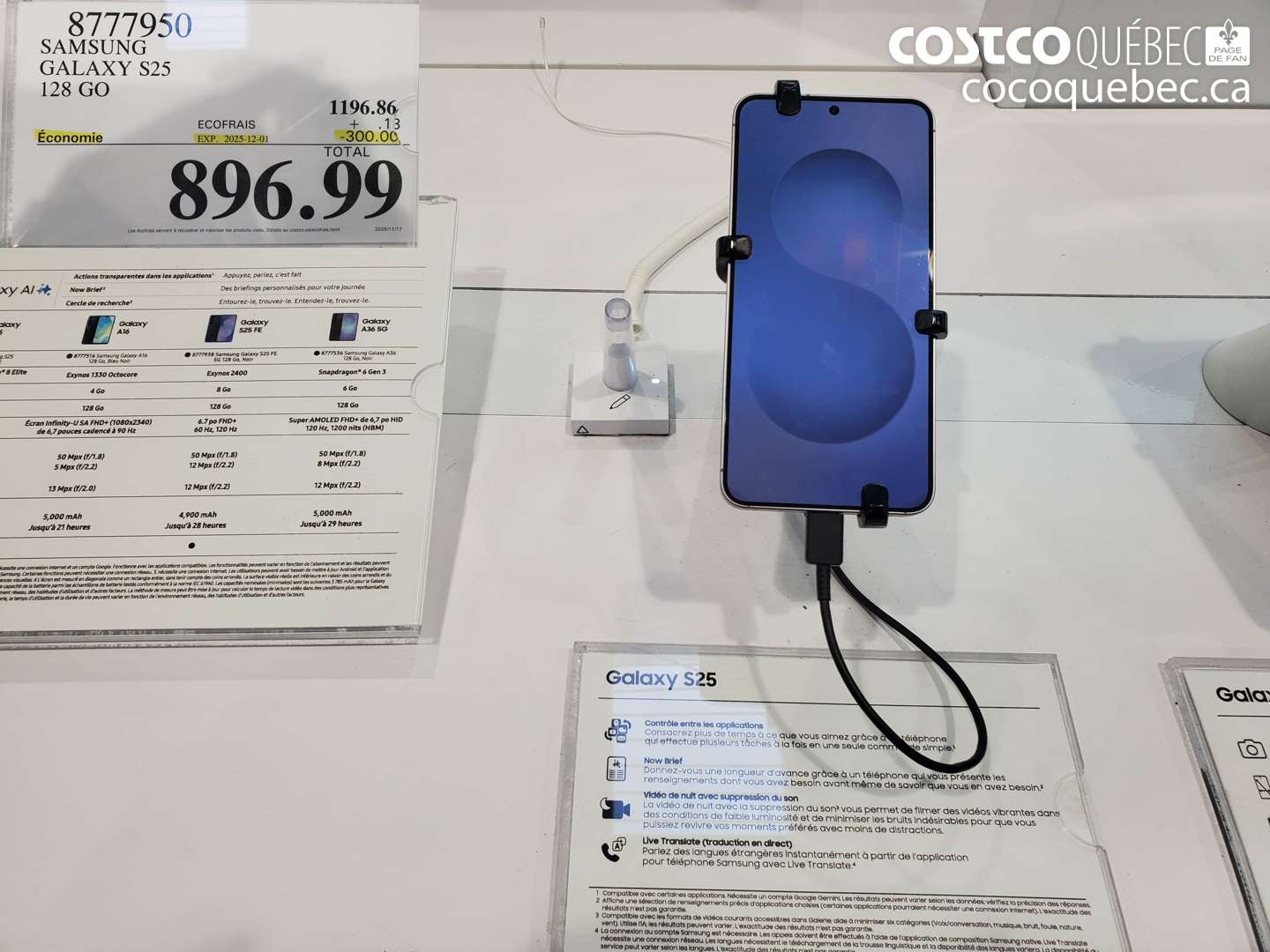 8777950 SAMSUNG GALAXY S25 128 GO ($300.00 INSTANT SAVINGS EXPIRES ON 2025-12-01) $896.99