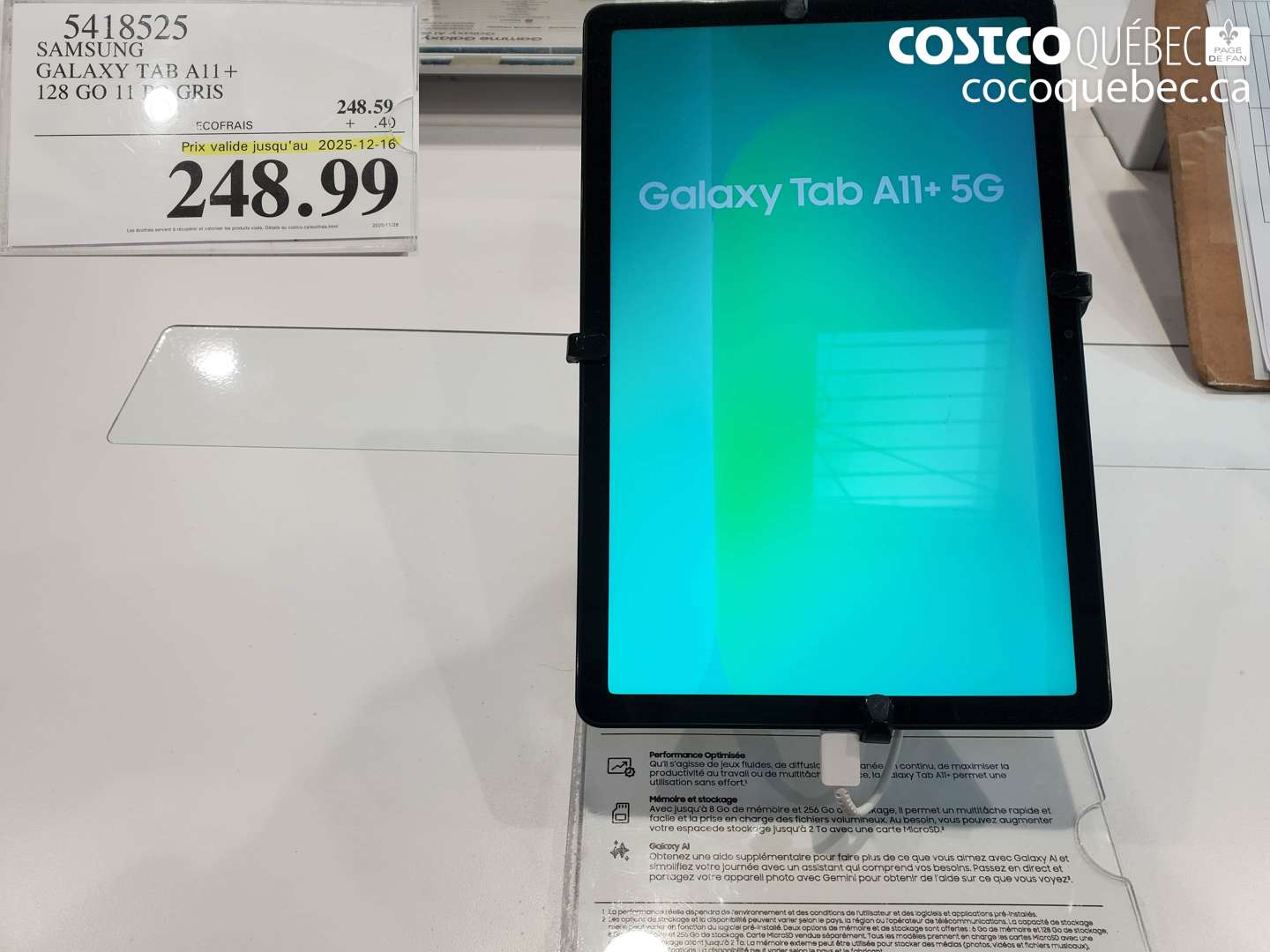 5418525 SAMSUNG GALAXY TAB A11+ 128 GO 11PO GRIS (EXPIRES ON 2025-12-16) $248.99