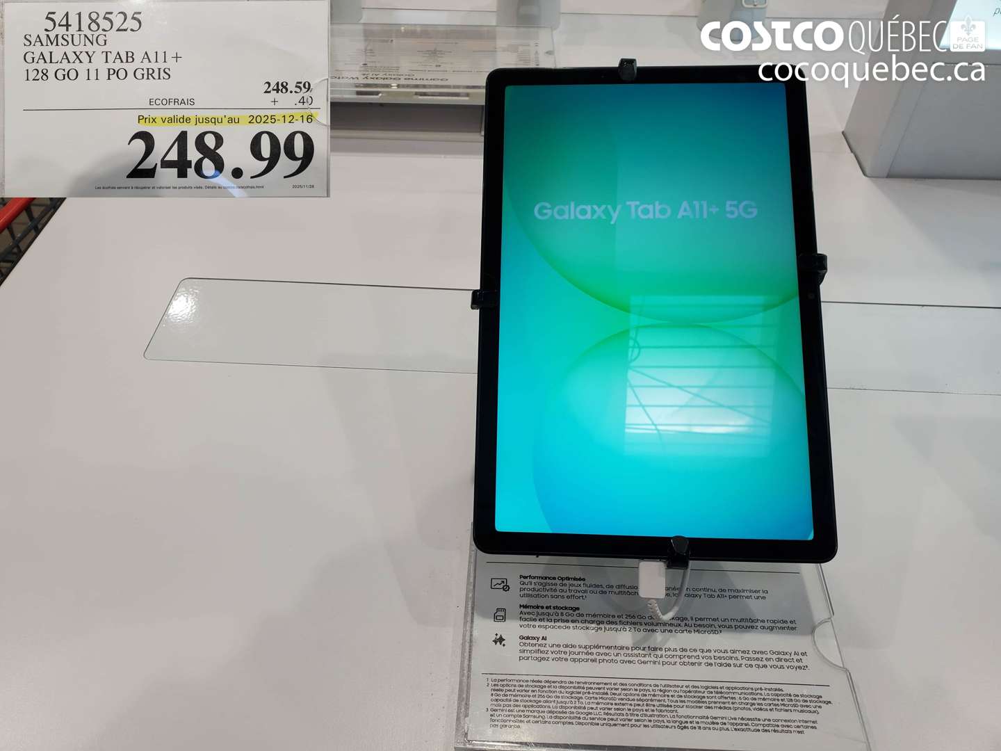 5418525 SAMSUNG GALAXY TAB A11+ 128 GO 11PO GRIS (EXPIRES ON 2025-12-16) $248.99