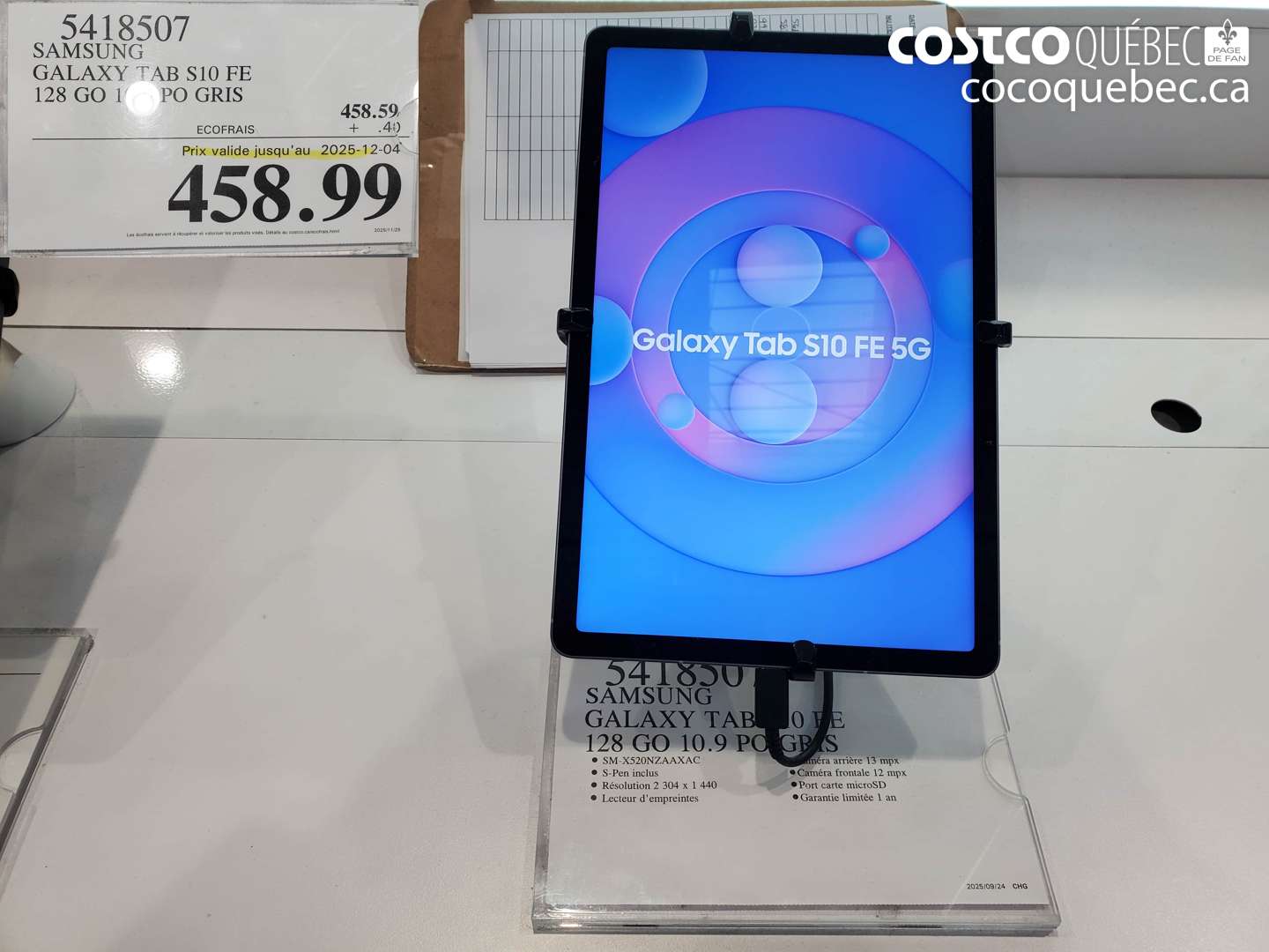 5418507 SAMSUNG GALAXY TAB S10 FE 128 GO 10.9 PO GRIS (EXPIRES ON 2025-12-04) $458.99