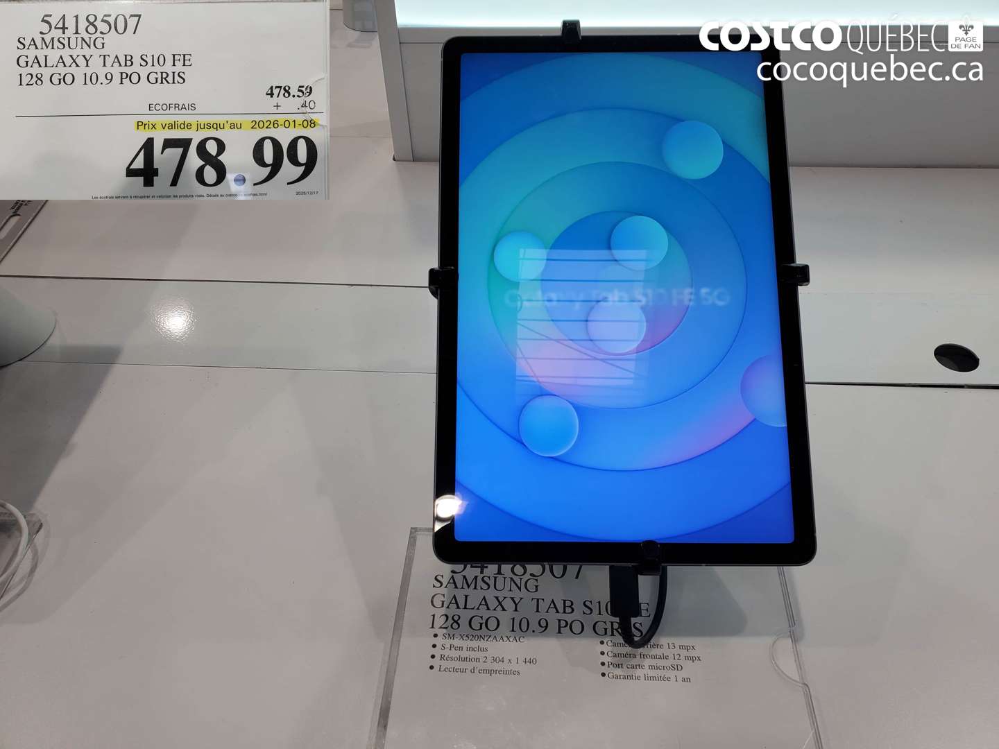 5418507 SAMSUNG GALAXY TAB S10 FE 128 GO 10.9 PO GRIS (EXPIRES ON 2026-01-08) $478.99