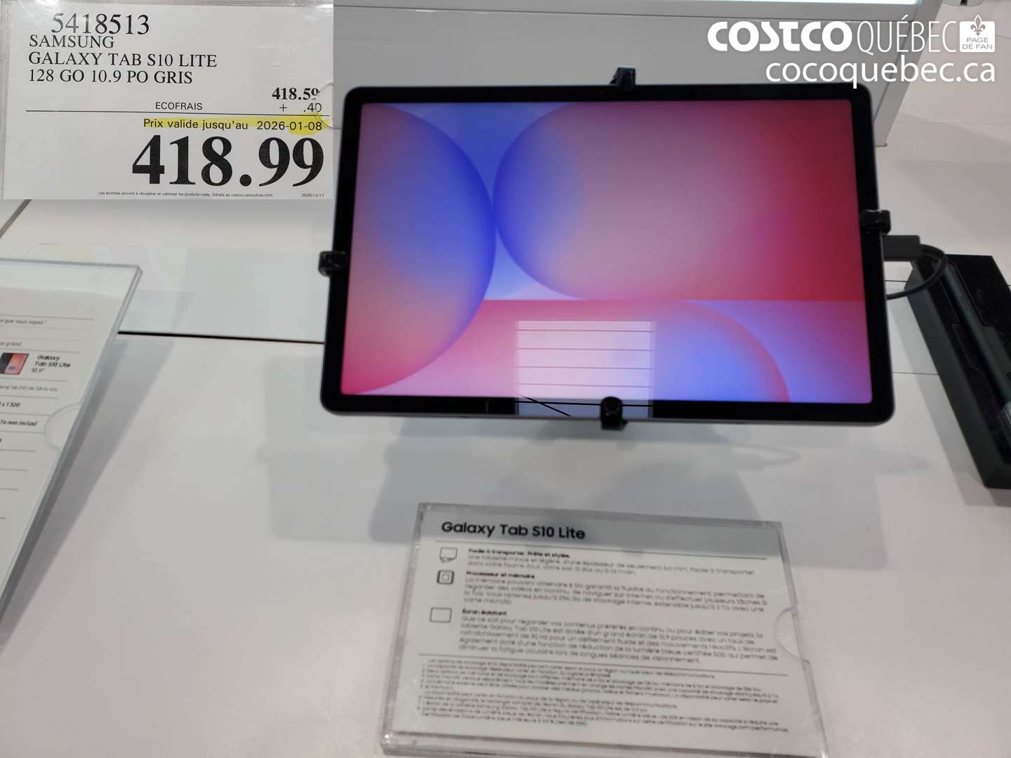 5418513 SAMSUNG GALAXY TAB S10 LITE 128 GO 10.9 PO GRIS (EXPIRES ON 2026-01-08) $418.99