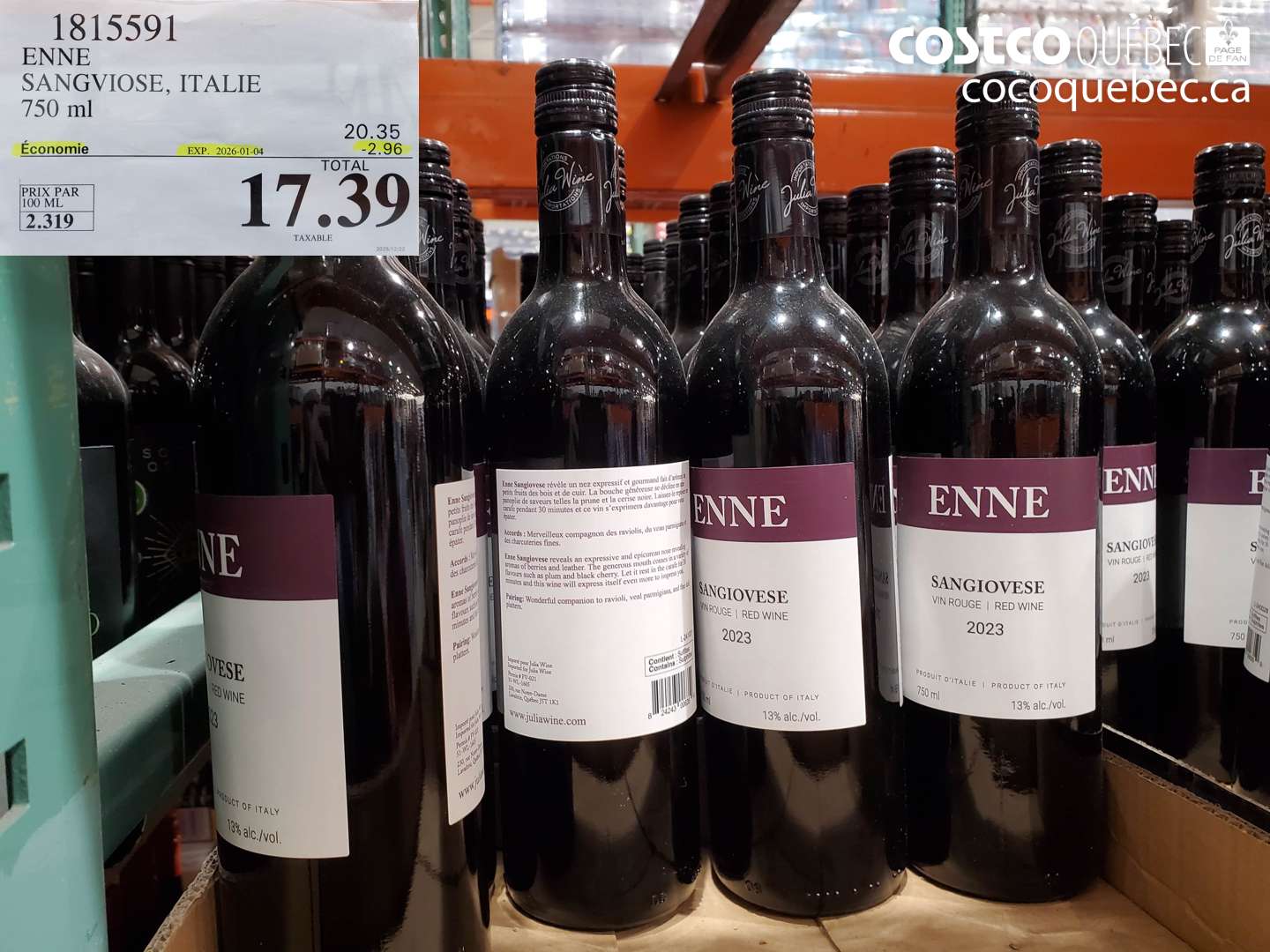 1815591 SANGIOVESE, ITALIE 750 ml ($2.96 INSTANT SAVINGS EXPIRES ON 2026-01-04) $17.39