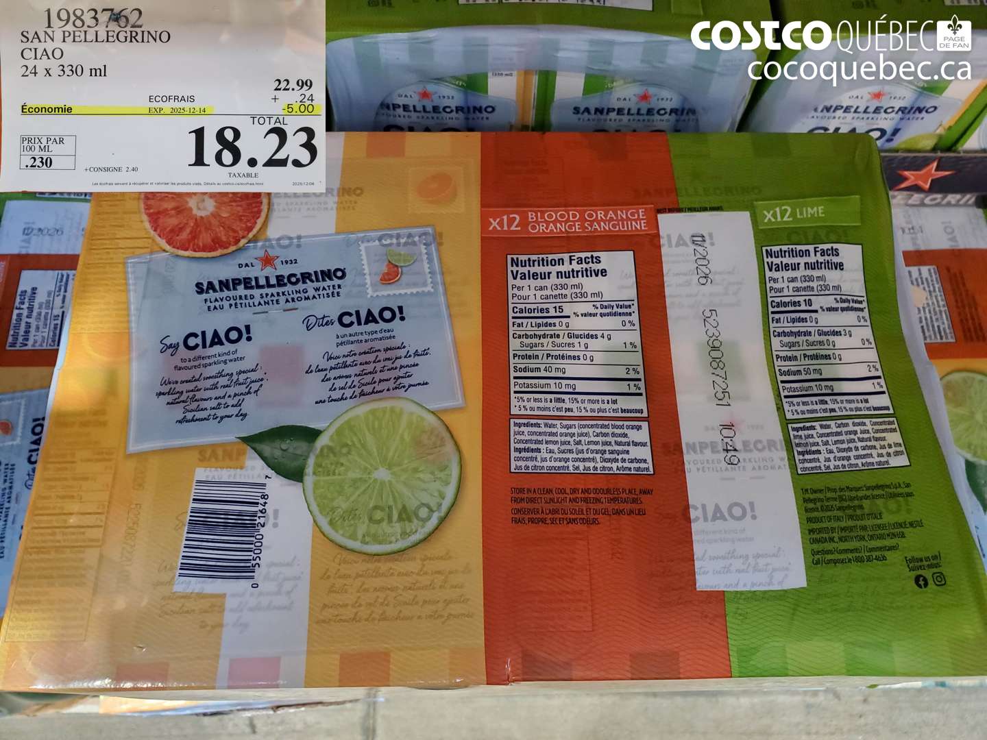 1983762 SAN PELLEGRINO CIAO 24 x 330 ml ; ECOFRAIS + .24 Economie _ EXP. 2025-12-14 -5.00 TOTAL PRIX PAR +CONSIGNE 2.40 TAXABLE Les écofrais servent a récupérer e r les produ isés. Détails 2025/12/06 ~  $22.99
