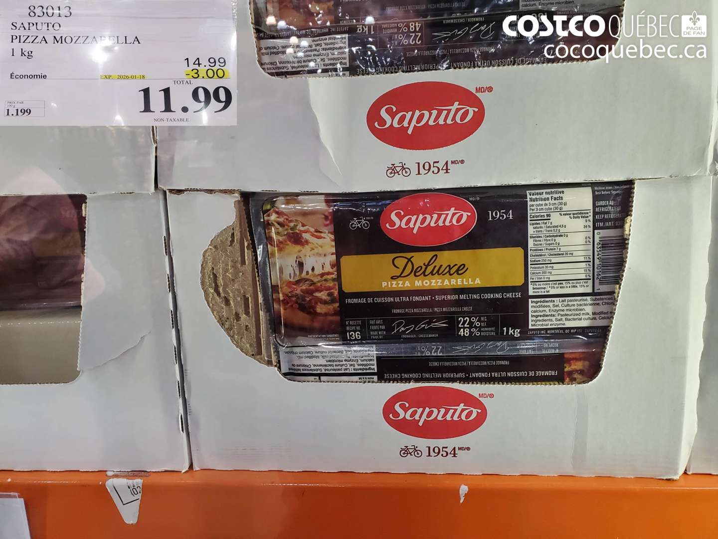 83013 SAPUTO PIZZA MOZZARELLA 1 kg ($3.00 INSTANT SAVINGS EXPIRES ON 2026-01-18) $11.99
