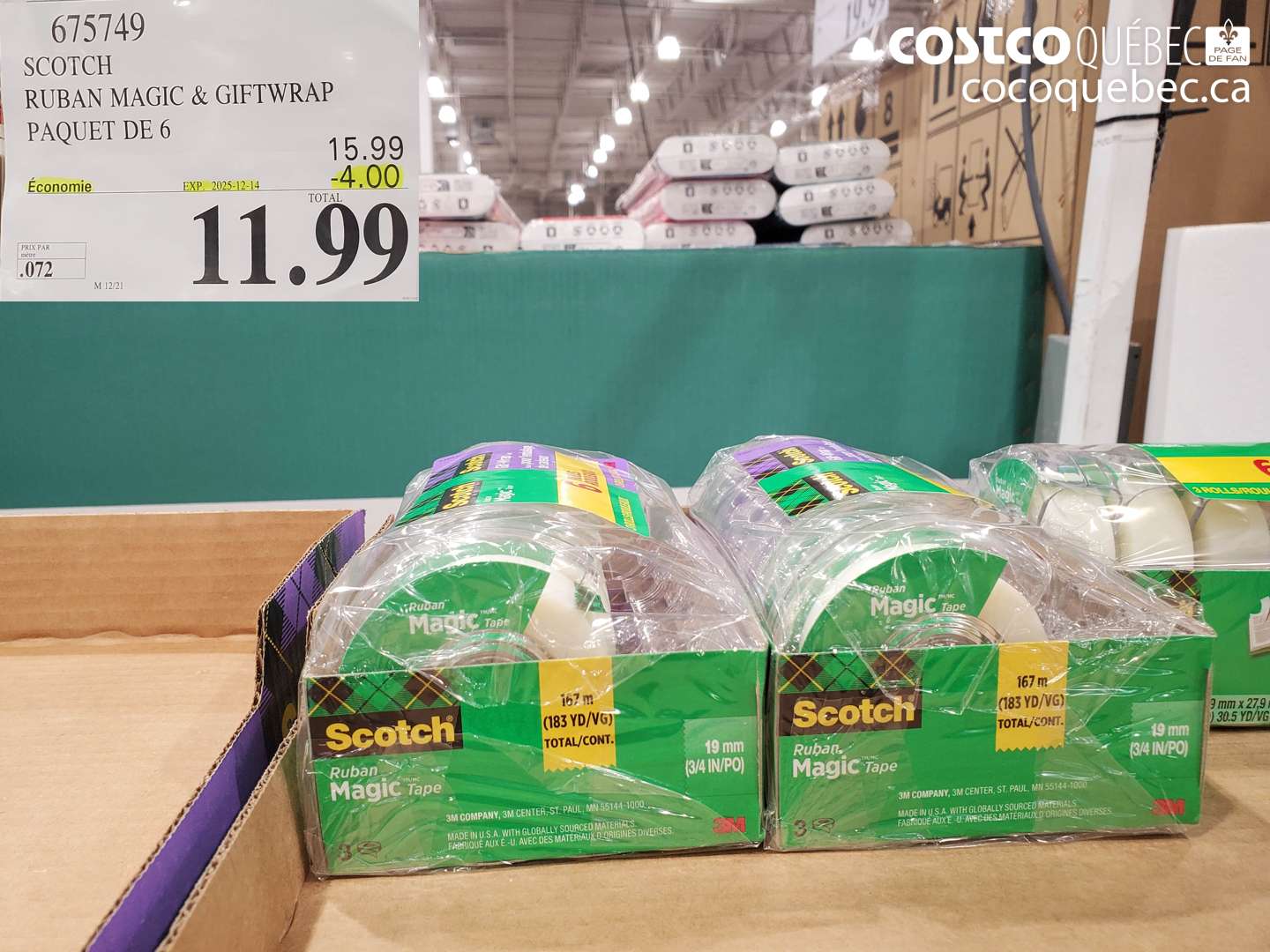 675749 SCOTCH RUBAN MAGIC & GIFTWRAP PAQUET DE 6 (EXPIRES ON 2025-12-14) $11.99