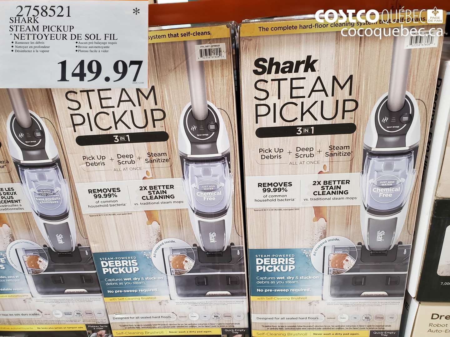 2758521 SHARK STEAM PICKUP Nettoyeur de sol fil $149.97