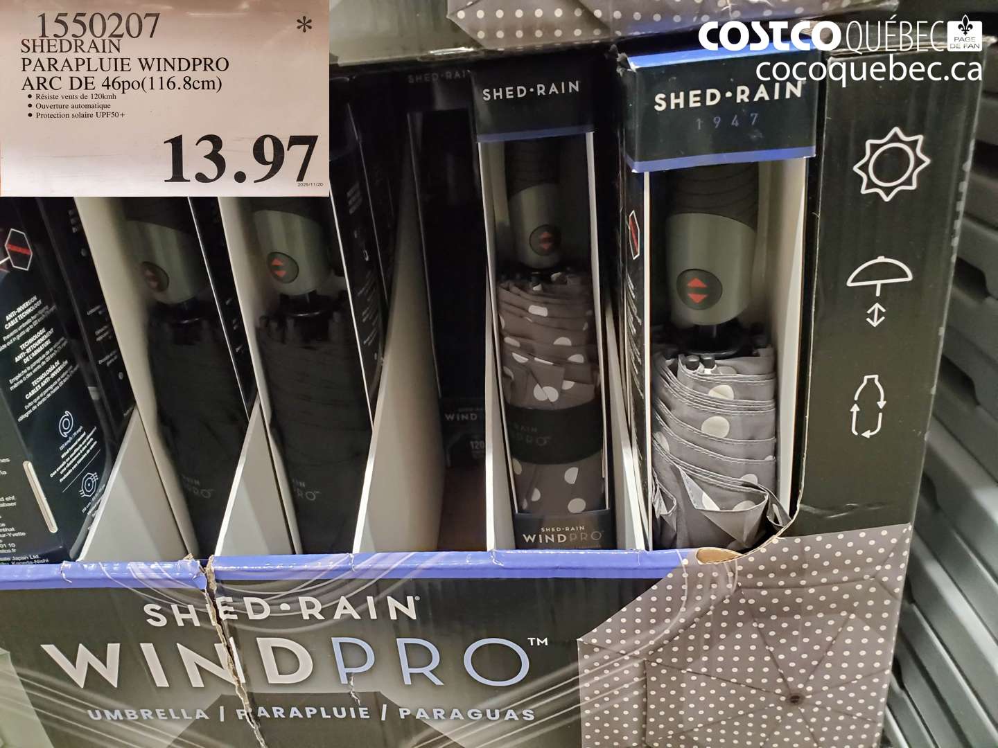 1550207 SHEDRAIN PARAPLUIE WINDPRO ARC DE 46po(1 16.8cm) $13.97