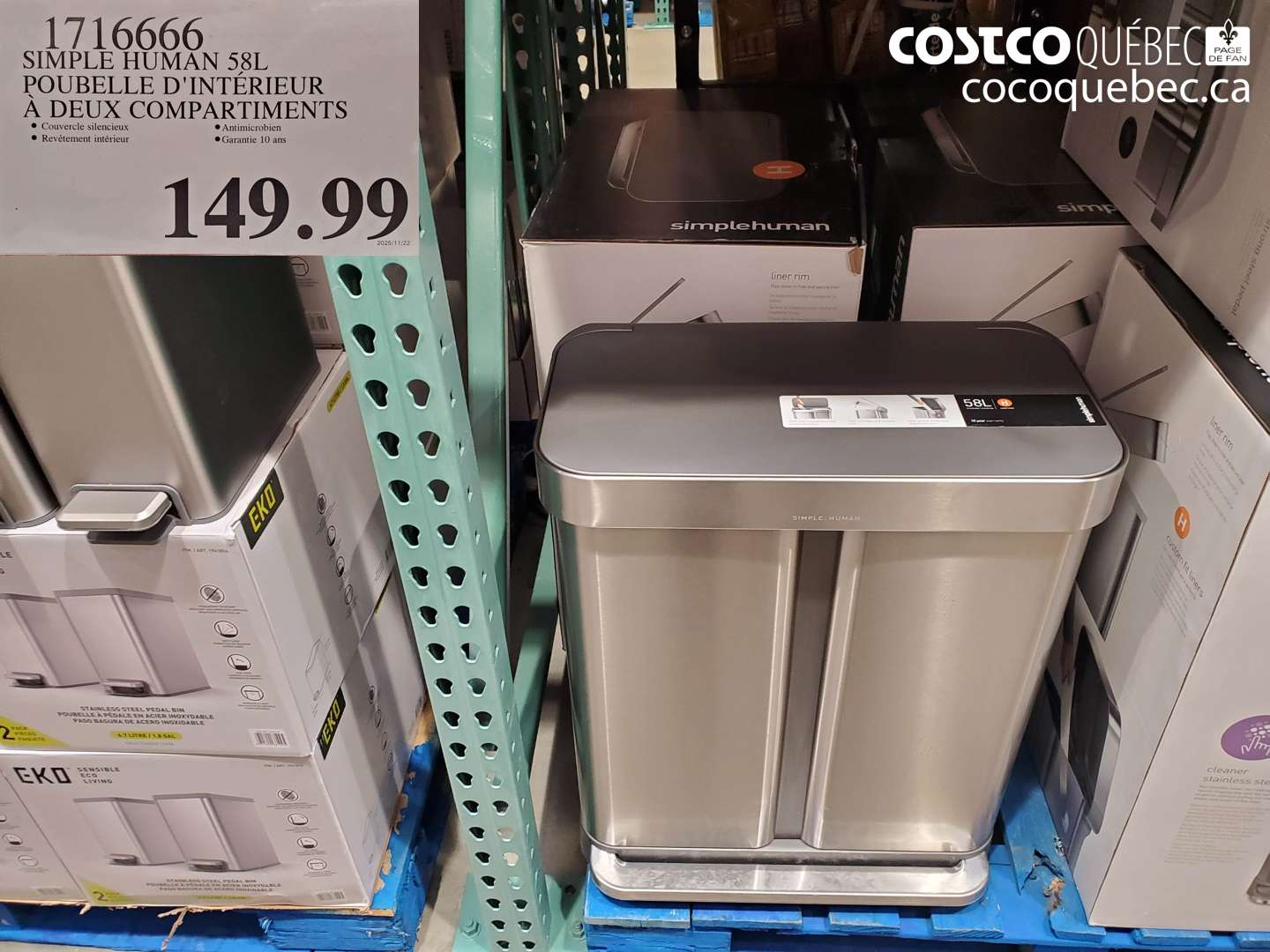 1716666 SIMPLE HUMAN 5.8L POUBELLE D'INTÉRIEUR À DEUX COMPARTIMENTS $149.99