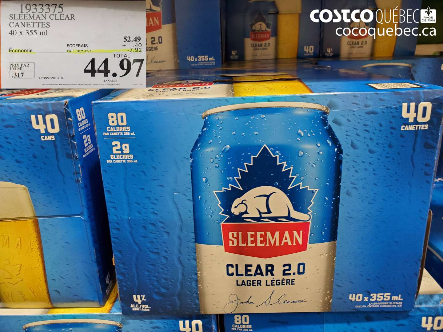 1933375 SLEEMAN CLEAR CANETTES 40 x 355 ml ($7.92 INSTANT SAVINGS EXPIRES ON 2025-12-31) $44.97