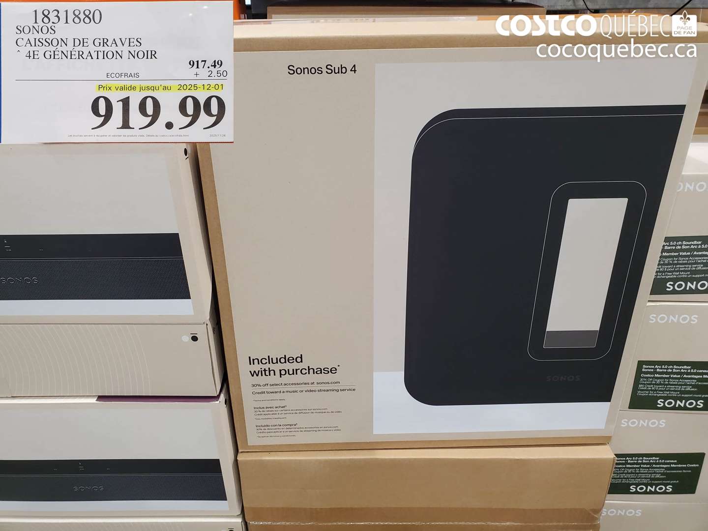 1831880 SONOS CAISSON DE GRAVES 4E GENERATION NOIR (EXPIRES ON 2025-12-01) $919.99