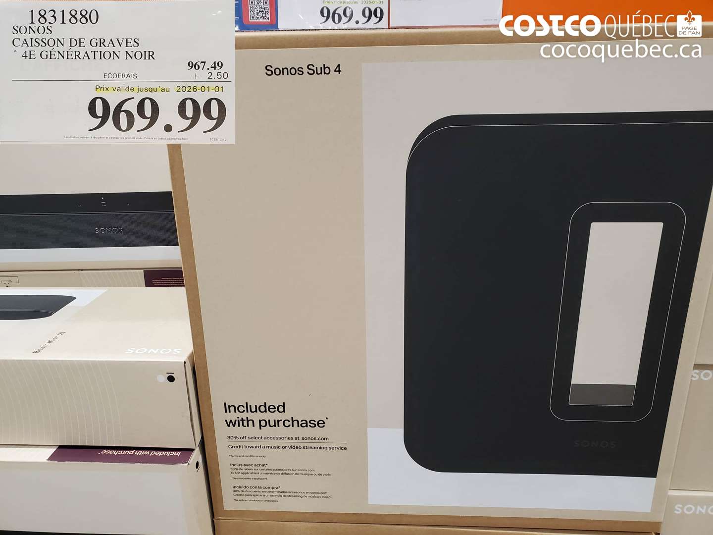 1831880 SONOS CAISSON DE GRAVES 4E GENERATION NOIR (EXPIRES ON 2026-01-01) $969.99