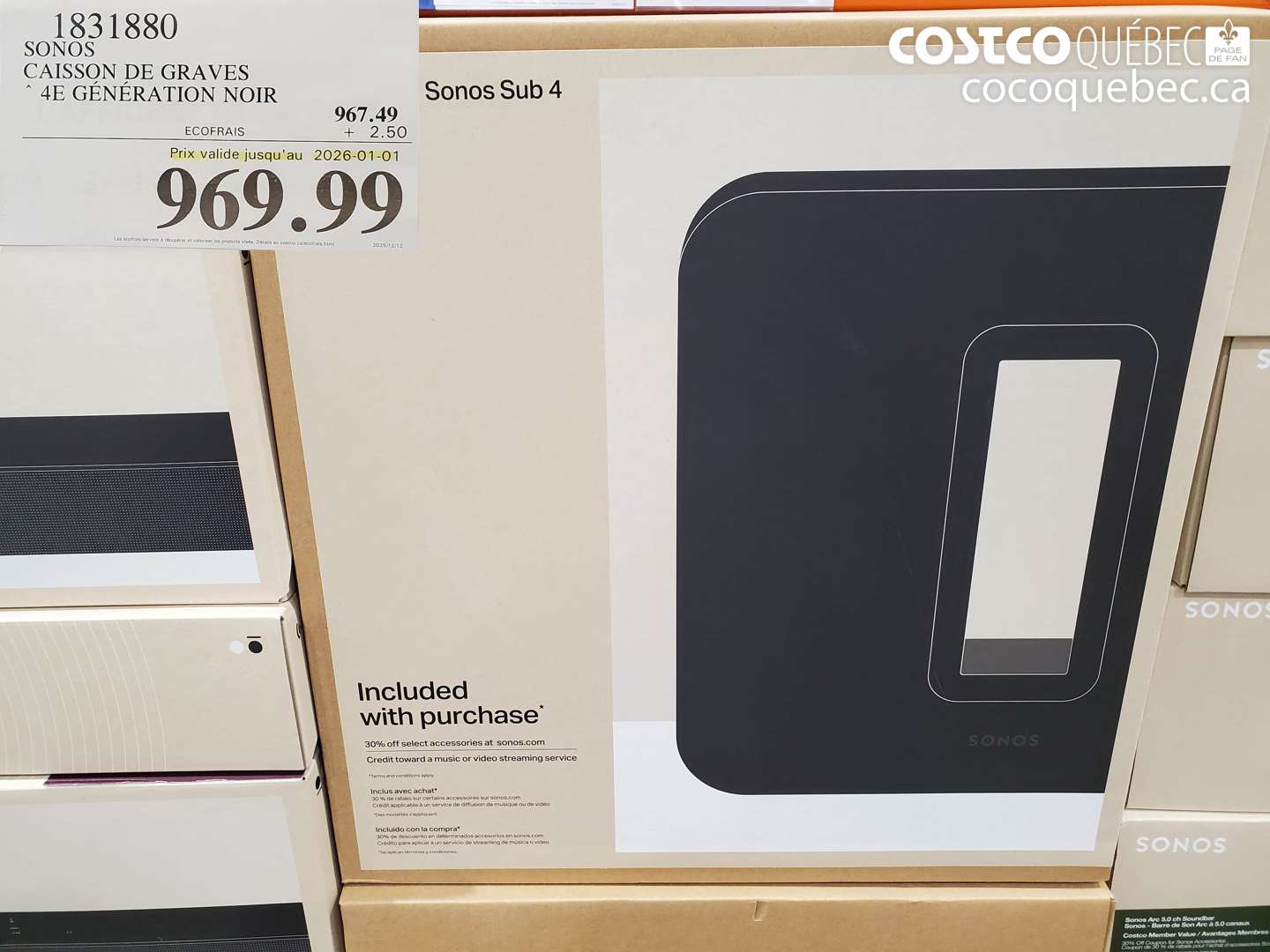 1831880 SONOS CAISSON DE GRAVES 4E GÉNÉRATION NOIR (EXPIRES ON 2026-01-01) $969.99