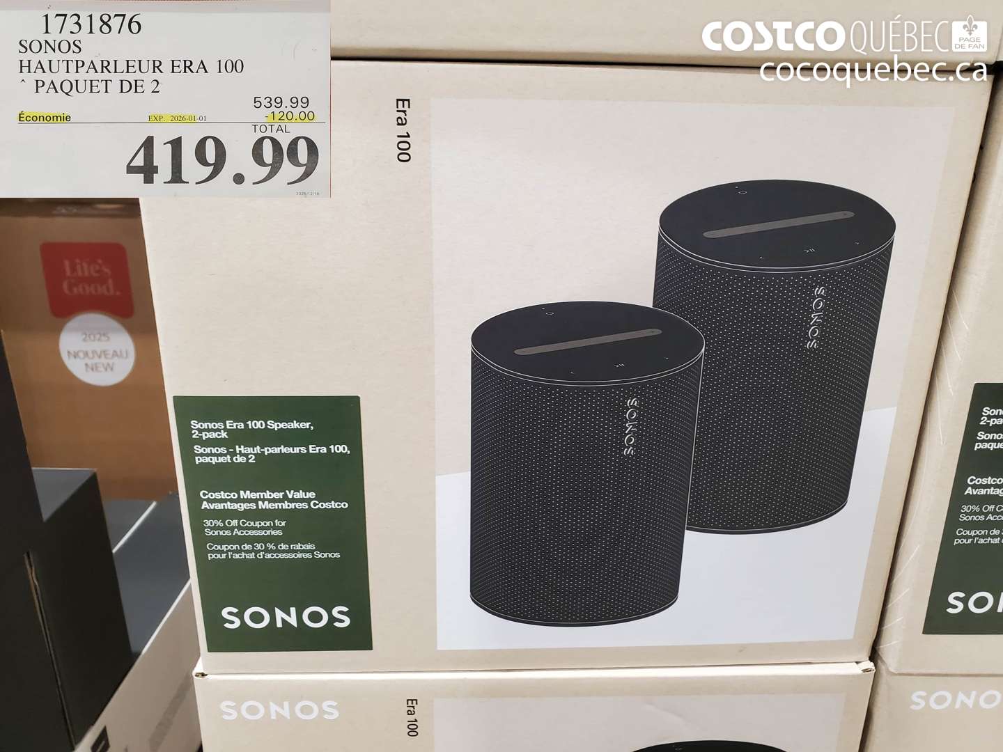 1731876 SONOS HAUTPARLEUR ERA 100 PAQUET DE 2 ($120.00 INSTANT SAVINGS EXPIRES ON 2026-01-01) $419.99