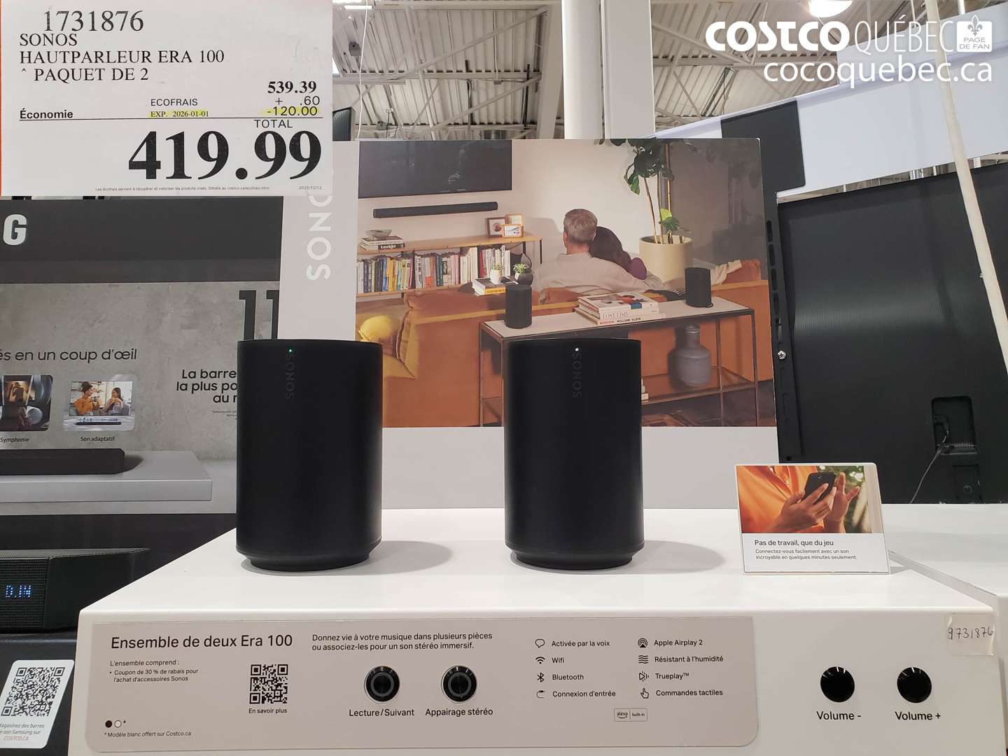 1731876 SONOS HAUTPARLEUR ERA 100 PAQUET DE 2  ($48.00 INSTANT SAVINGS EXPIRES ON 2025-12-01) $419.99