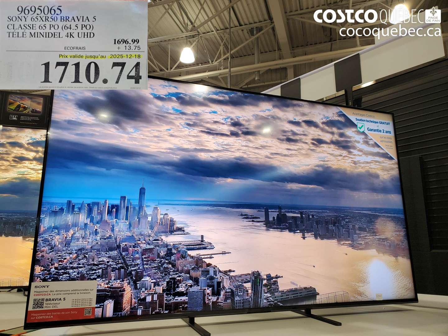 9695065 SONY 65XR50 BRAVIA 5 CLASSE 65 PO (64.5 PO) TÉLÉ MINIDEL 4K UHD (EXPIRES ON 2025-12-18) $1710.74