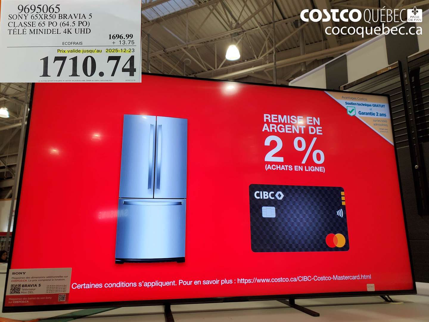 9695065 SONY 65XR50 BRAVIA 5 CLASSE 65 PO (64.5 PO) TÉLÉ MINIDEL 4K UHD (EXPIRES ON 2025-12-23) $1710.74