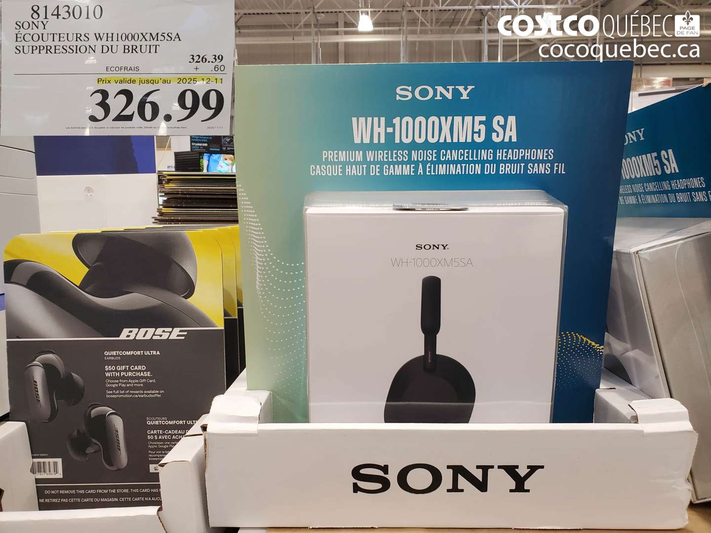 8143010 SONY ÉCOUTEURS WH1000XM5SA SUPPRESSION DU BRUIT (EXPIRES ON 2025-12-11) $326.99