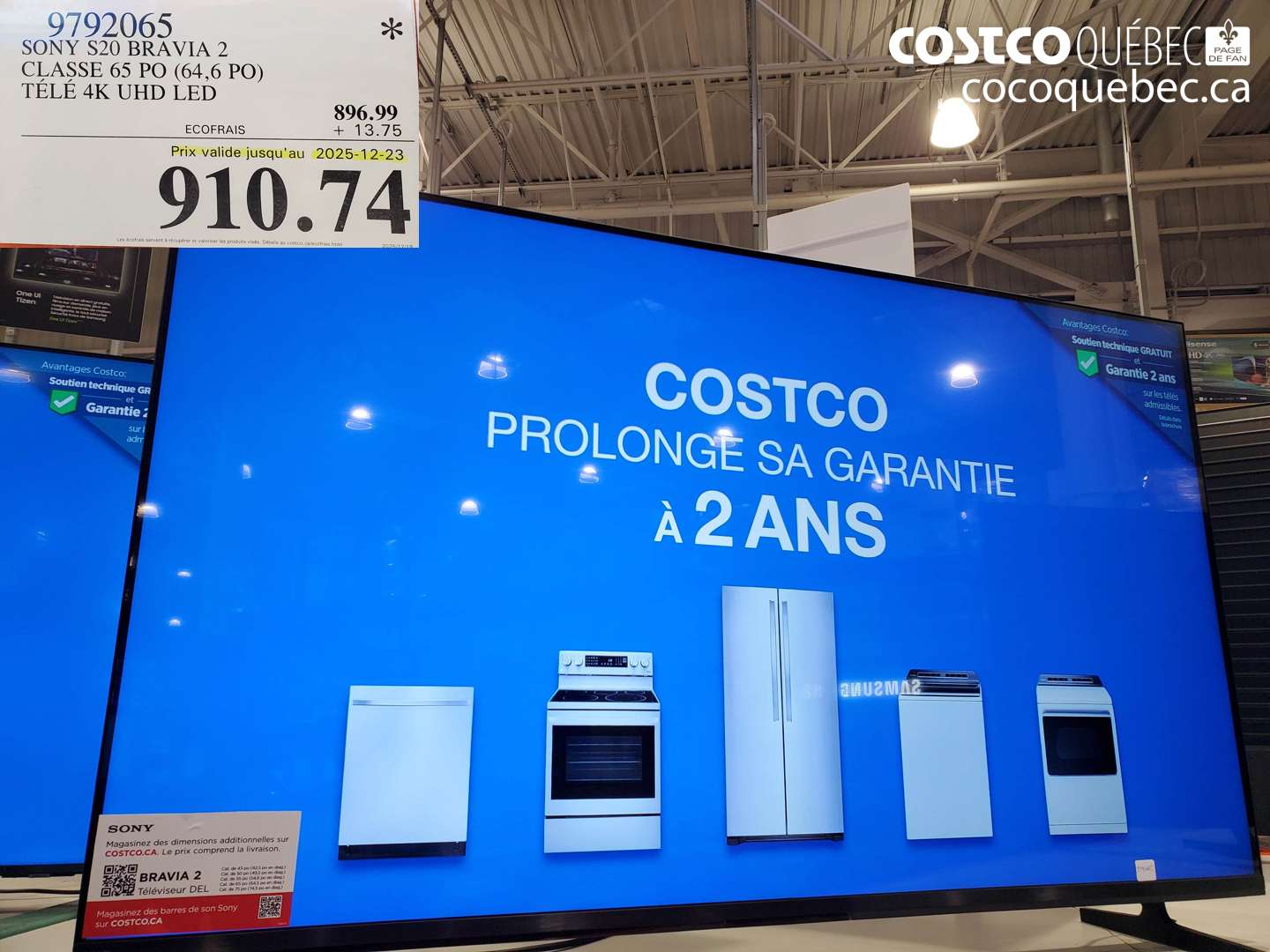 9792065 SONY S20 BRAVIA 2 CLASSE 65 PO (64,6 PO) TÉLÉ 4K UHD LED (EXPIRES ON 2025-12-23) $910.74