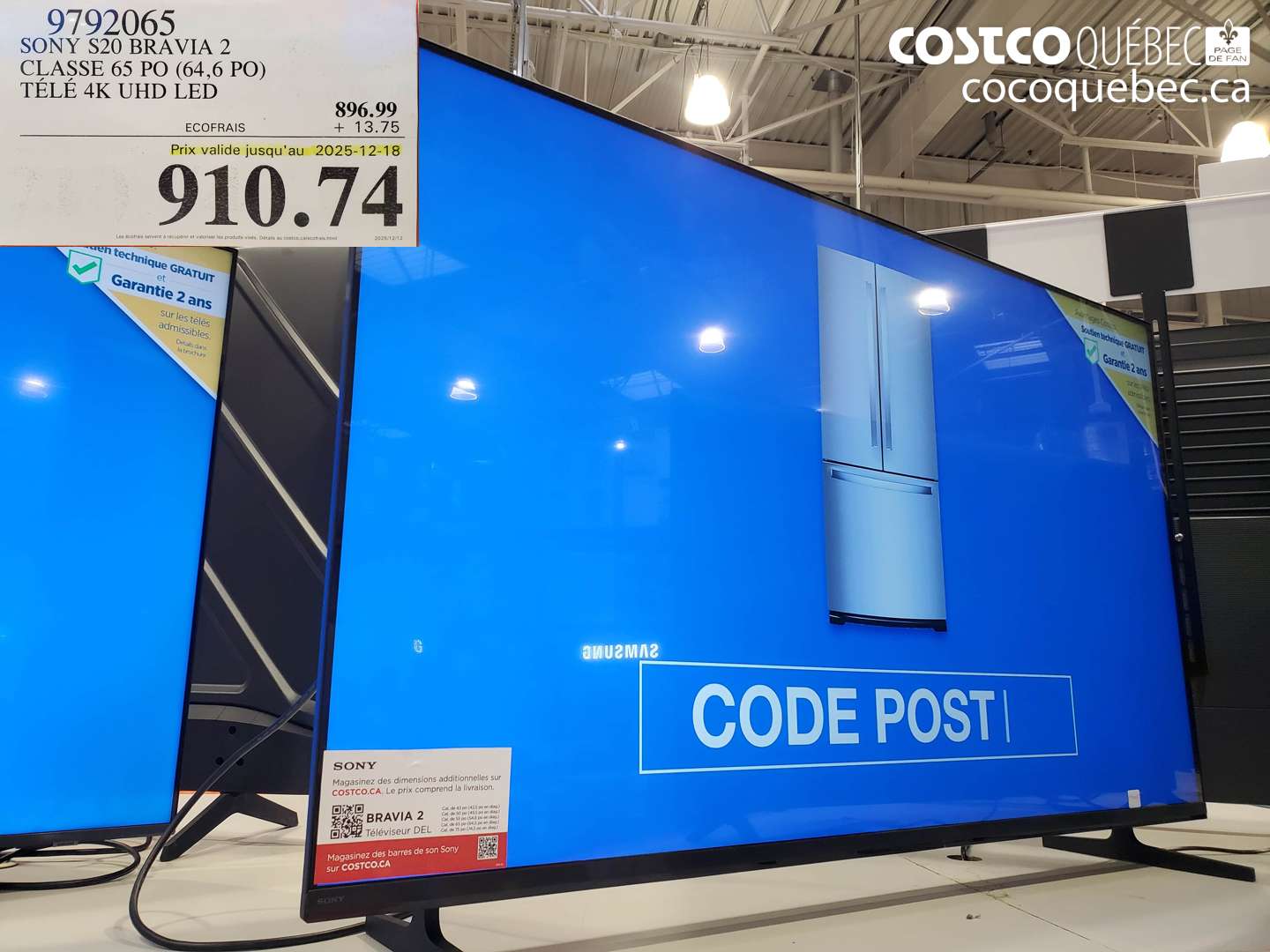 9792065 SONY S20 BRAVIA 2 - CLASSE 65 PO (64,6 PO) - TELE 4K UHD LED (EXPIRES ON 2025-12-18) $910.74