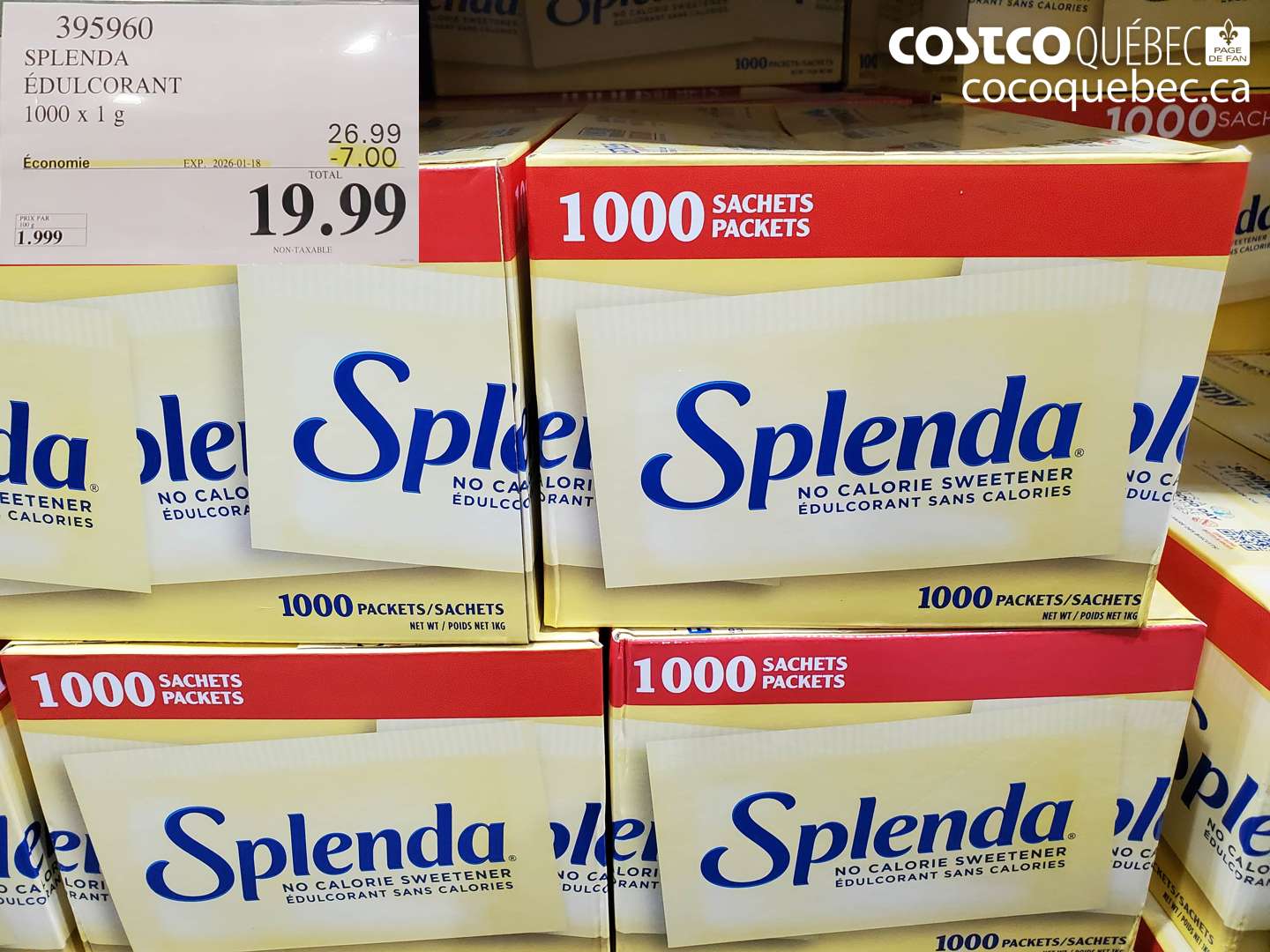 395960 SPLENDA ÉDULCORANT 1000 x 1 g ($7.00 INSTANT SAVINGS EXPIRES ON 2026-01-18) $19.99