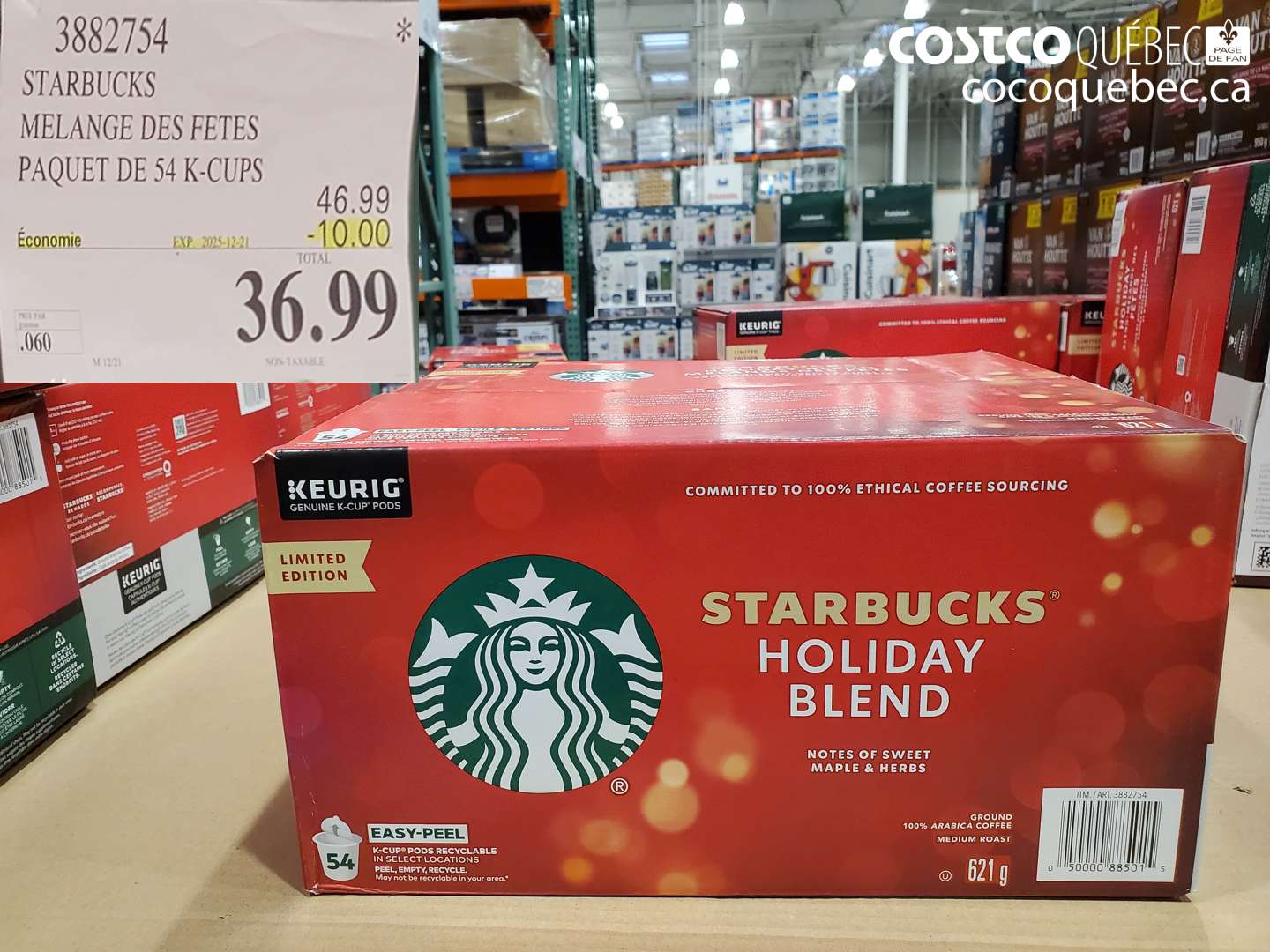 3882754 STARBUCKS MELANGE DES FETES PAQUET DE 54 K-CUPS (EXPIRES ON 2025-12-21) $36.99