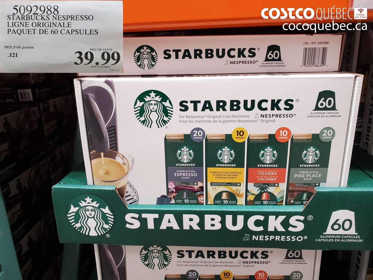 5092988 STARBUCKS NESPRESSO LIGNE ORIGINALE PAQUET DE 60 CAPSULES $39.99