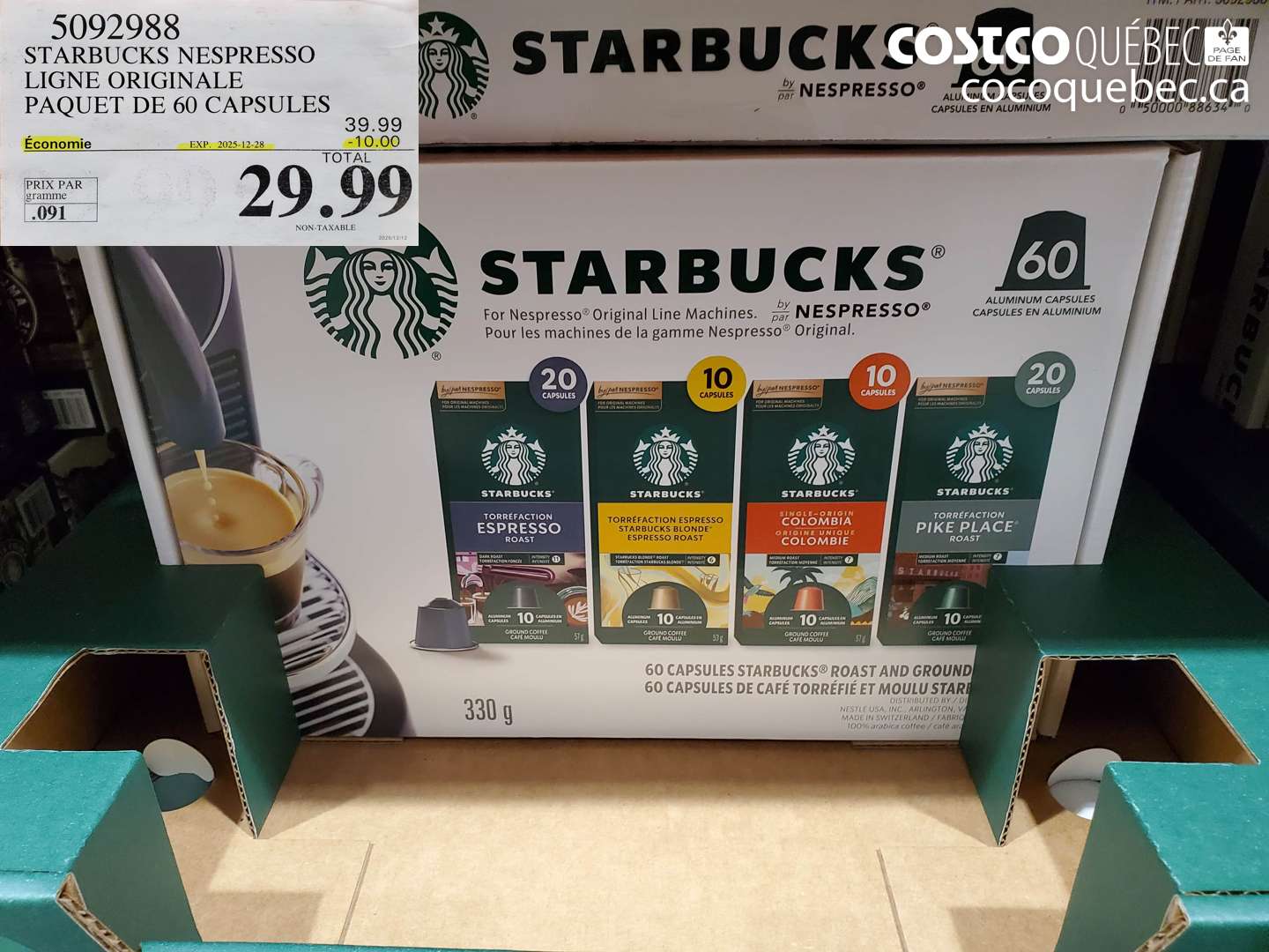 5092988 STARBUCKS NESPRESSO LIGNE ORIGINALE PAQUET DE 60 CAPSULES ($10.00 INSTANT SAVINGS EXPIRES ON 2025-12-28) $29.99