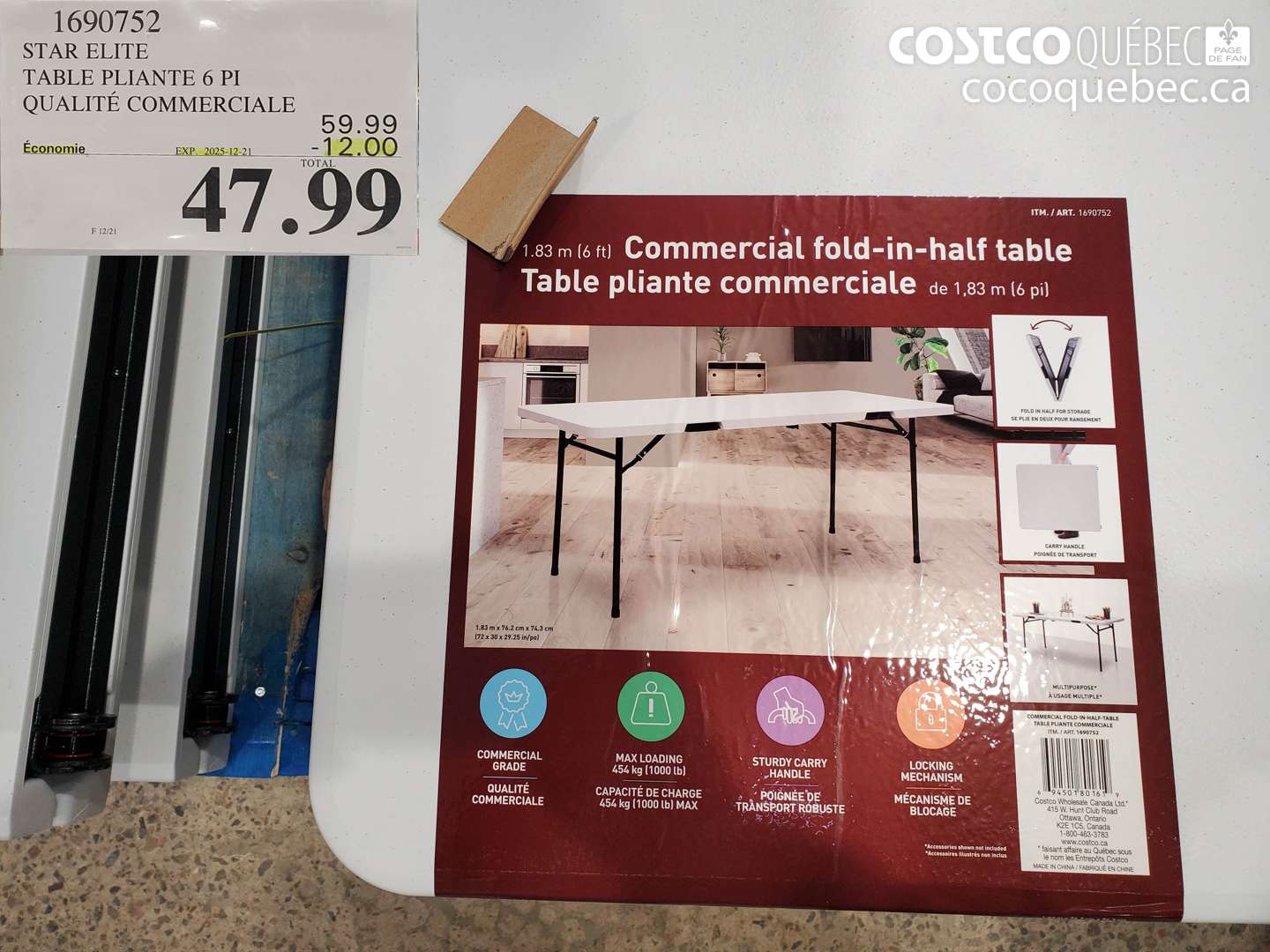 1690752 STAR ELITE TABLE PLIANTE 6 PI QUALITÉ COMMERCIALE ($12.00 INSTANT SAVINGS EXPIRES ON 2025-12-21) $47.99