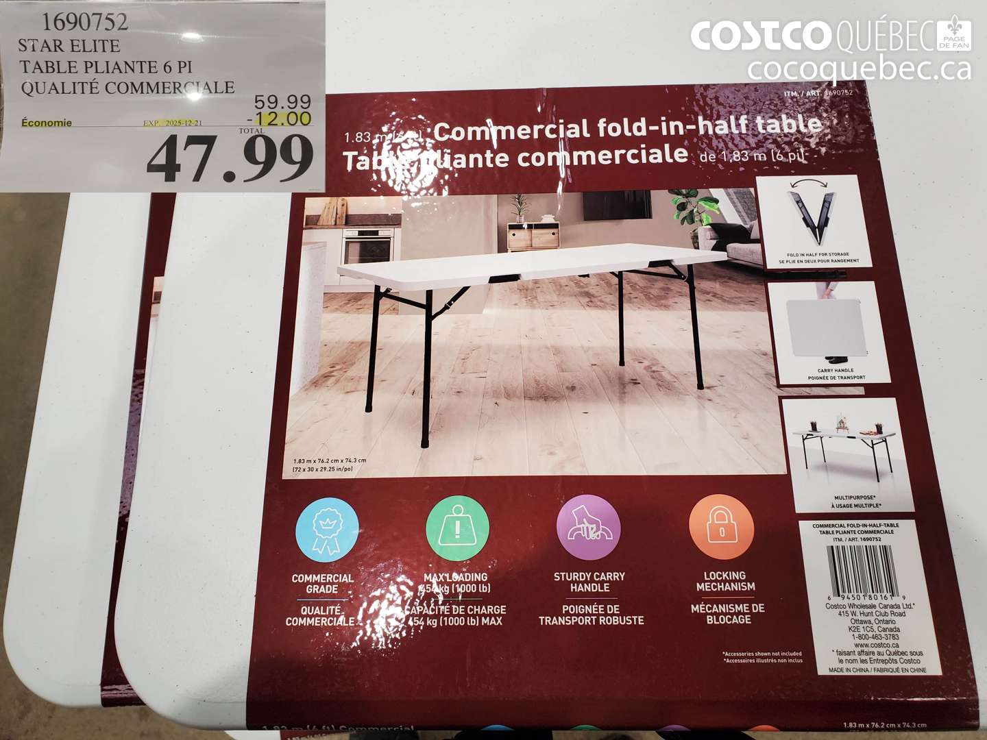 1690752 STAR ELITE TABLE PLIANTE 6 PI QUALITÉ COMMERCIALE ($12.00 INSTANT SAVINGS EXPIRES ON 2025-12-21) $47.99