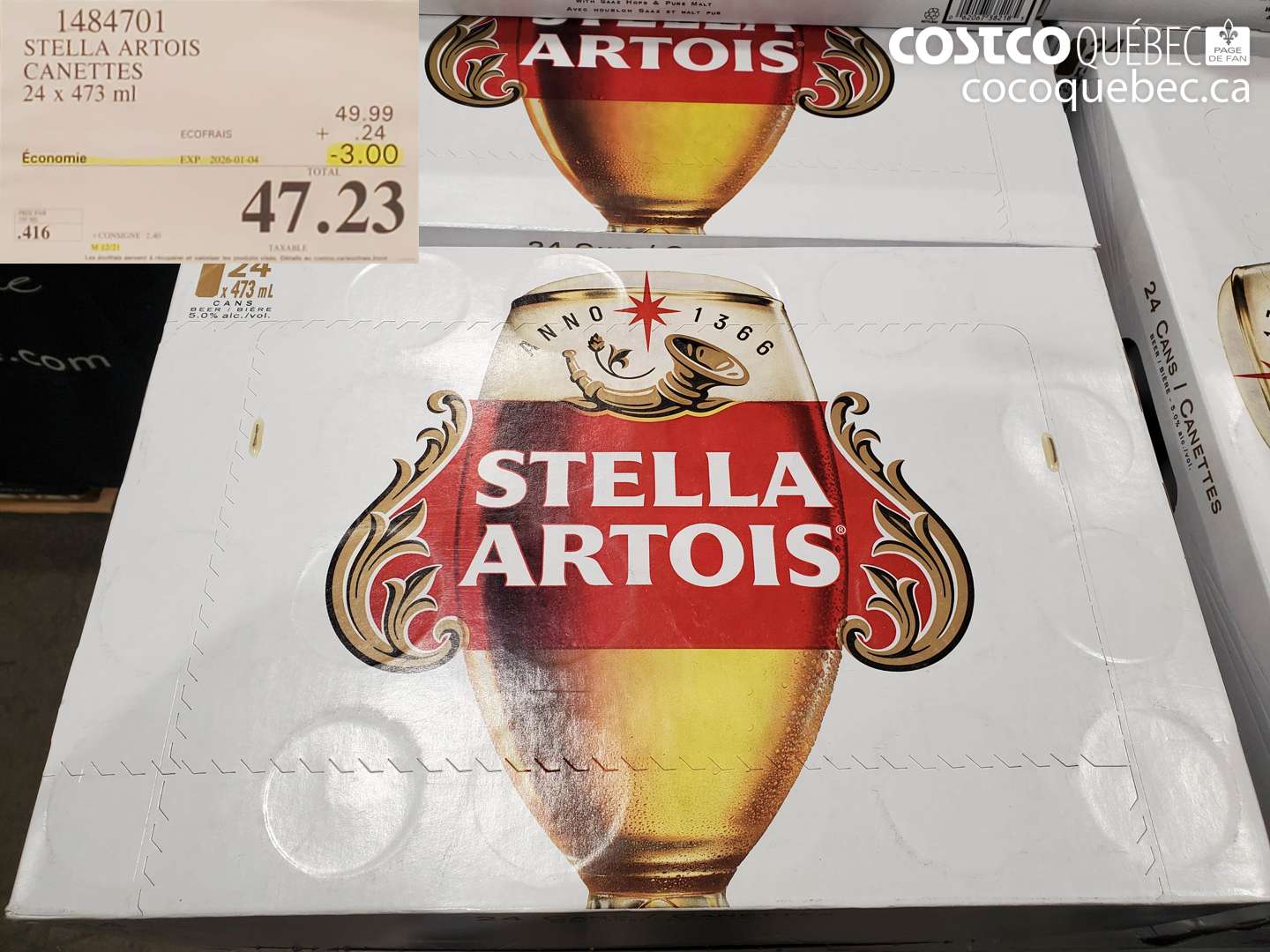 1484701 STELLA ARTOIS CANETTES 24 x 473 ml ($3.00 INSTANT SAVINGS EXPIRES ON 2026-01-04) $47.23