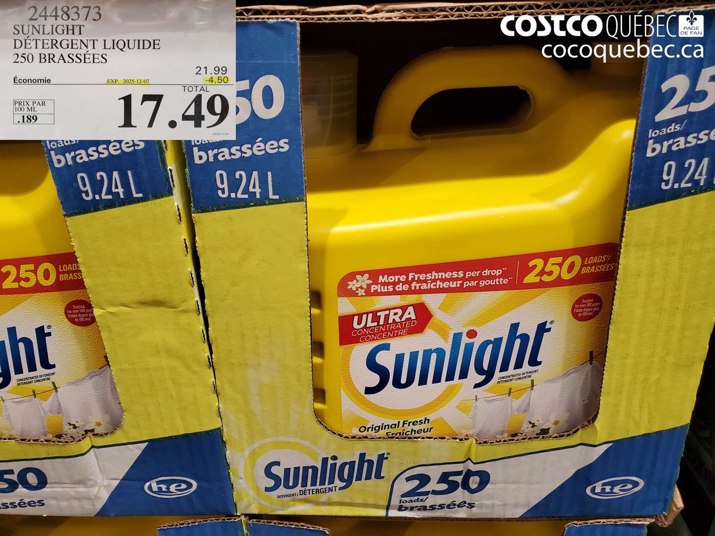 2448373 SUNLIGHT DÉTERGENT LIQUIDE 250 BRASSÉES ($4.50 INSTANT SAVINGS EXPIRES ON 2025-12-07) $17.49